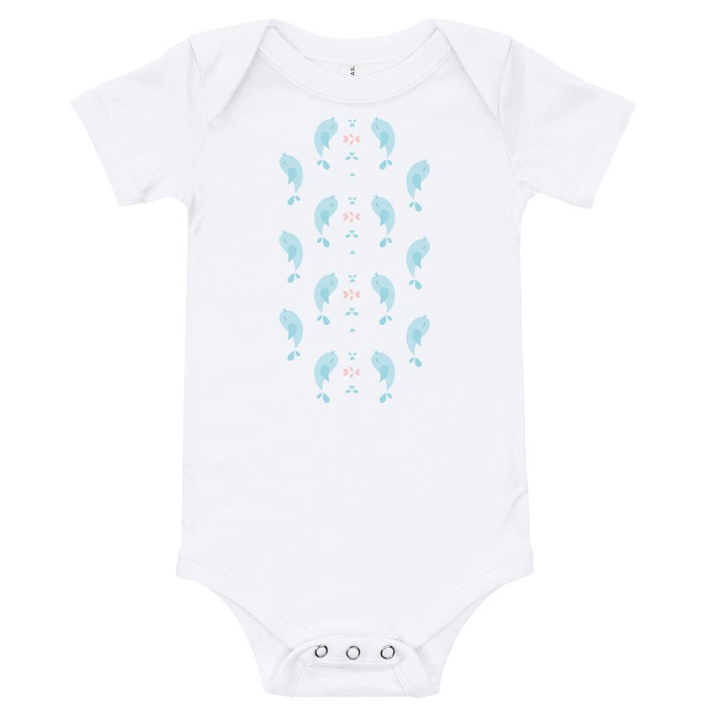 Birdie Hearts Baby Bodysuit in soft cotton with an envelope neckline and snap closures, featuring a playful birdie hearts design.