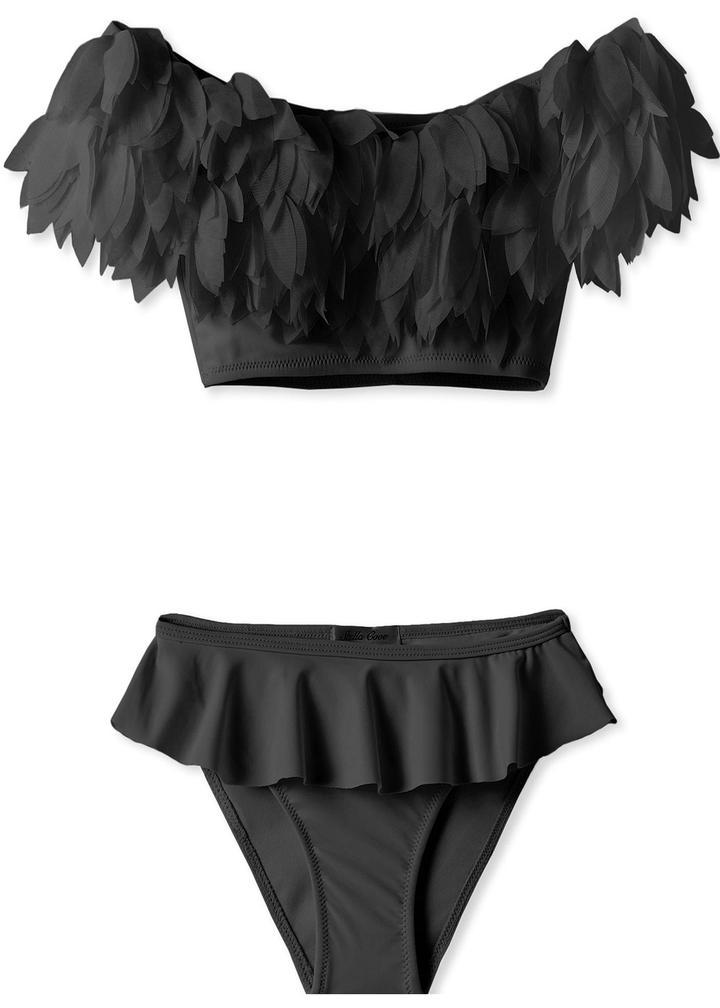 Black draped bikini with floral petals, accompanied by matching cover-up pants and poncho, perfect for girls' beachwear.