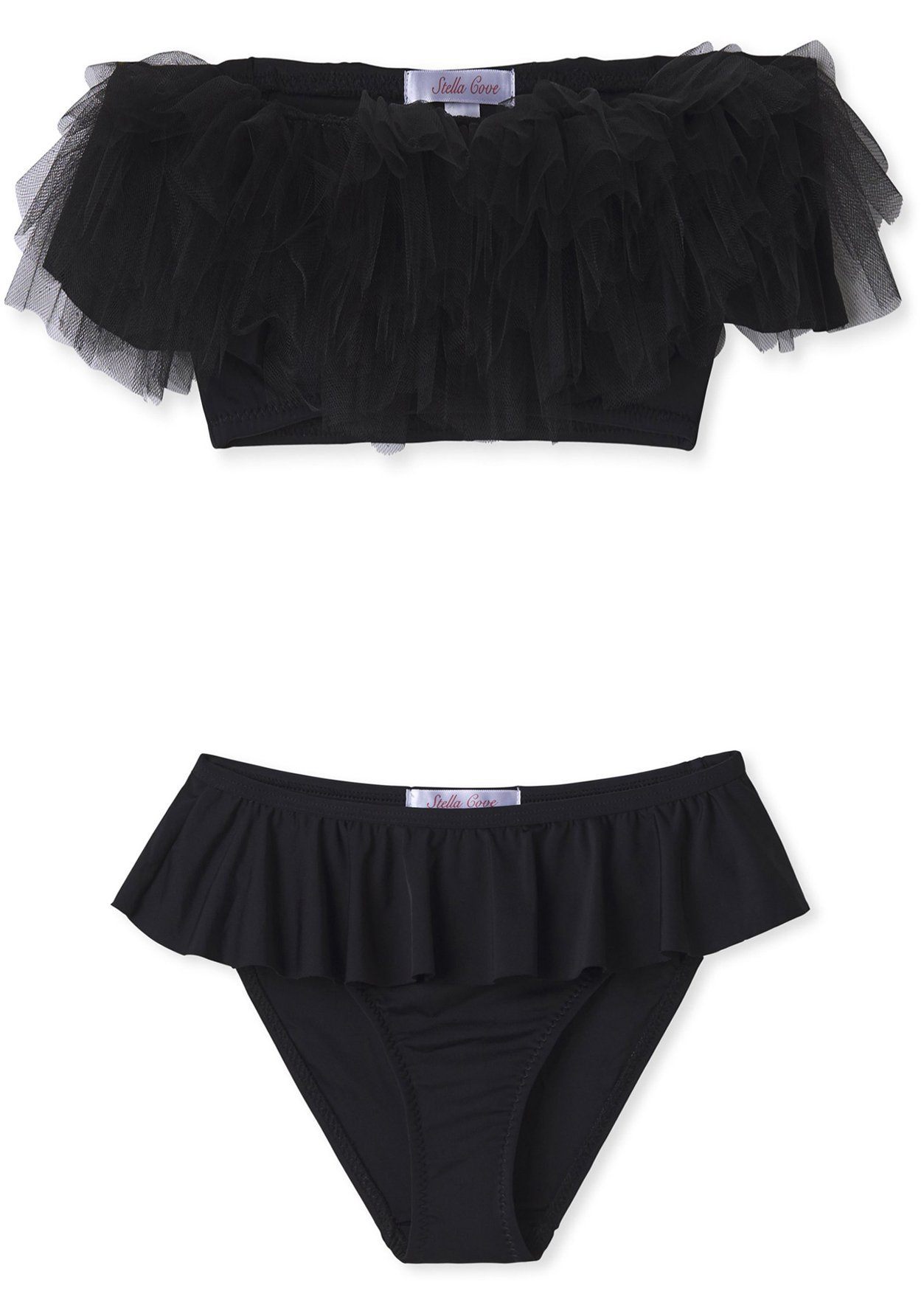 Black draped bikini with tulle accents for girls, featuring matching cover-up beach pants.