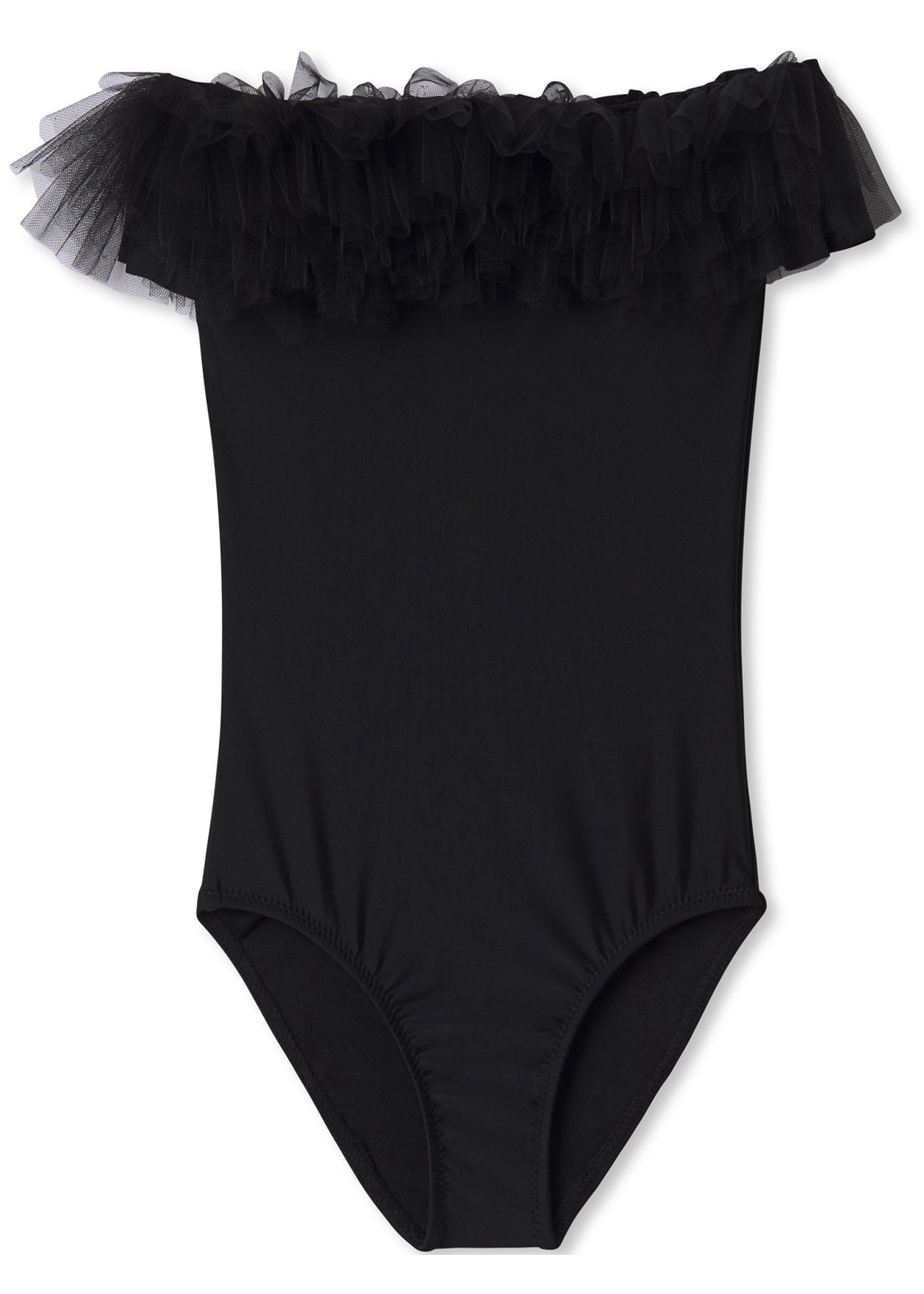 Black draped swimsuit for girls featuring tulle accents, perfect for beach outings.