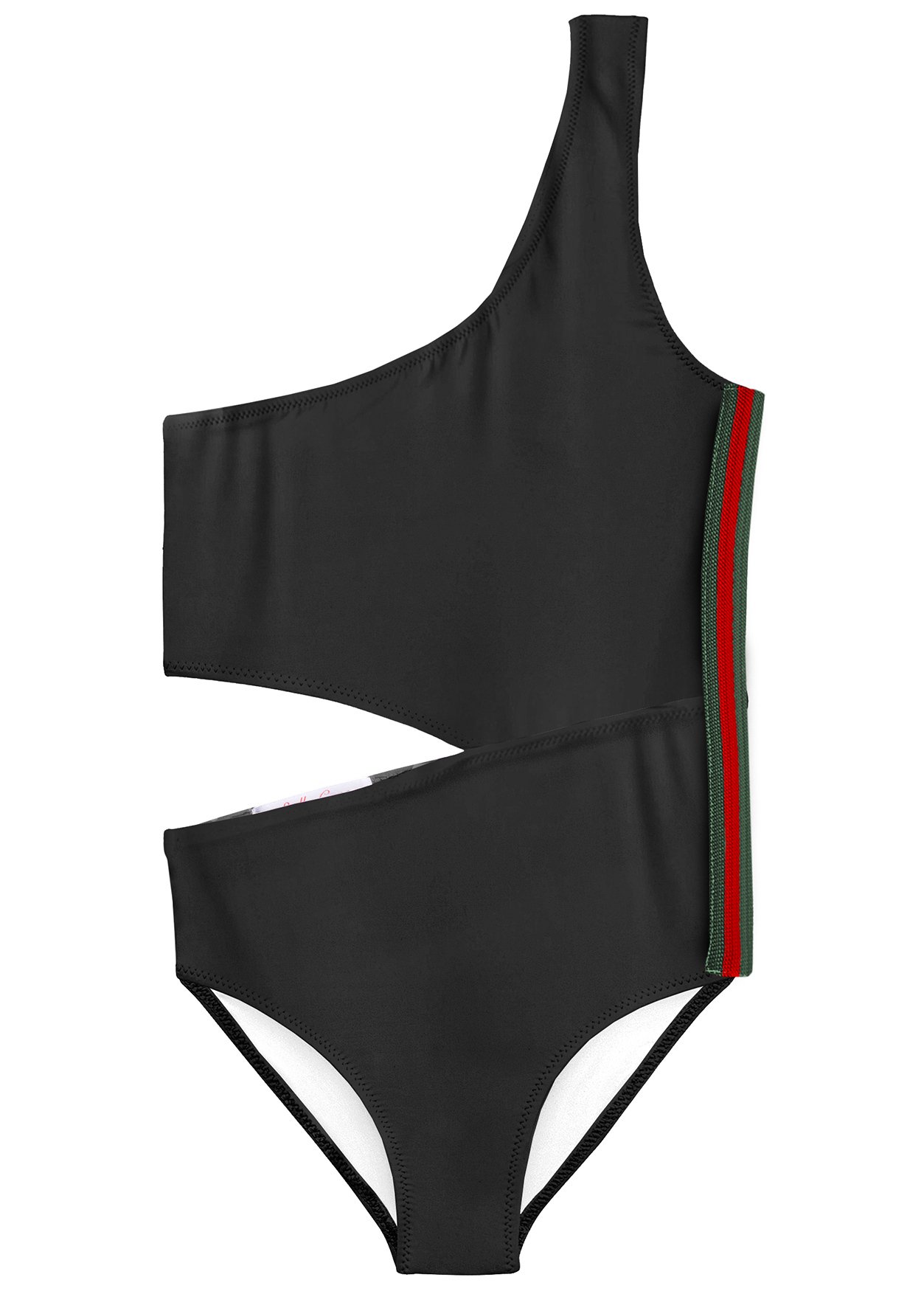 Black side cut swimsuit featuring a stylish stripe design, perfect for beach and pool activities.