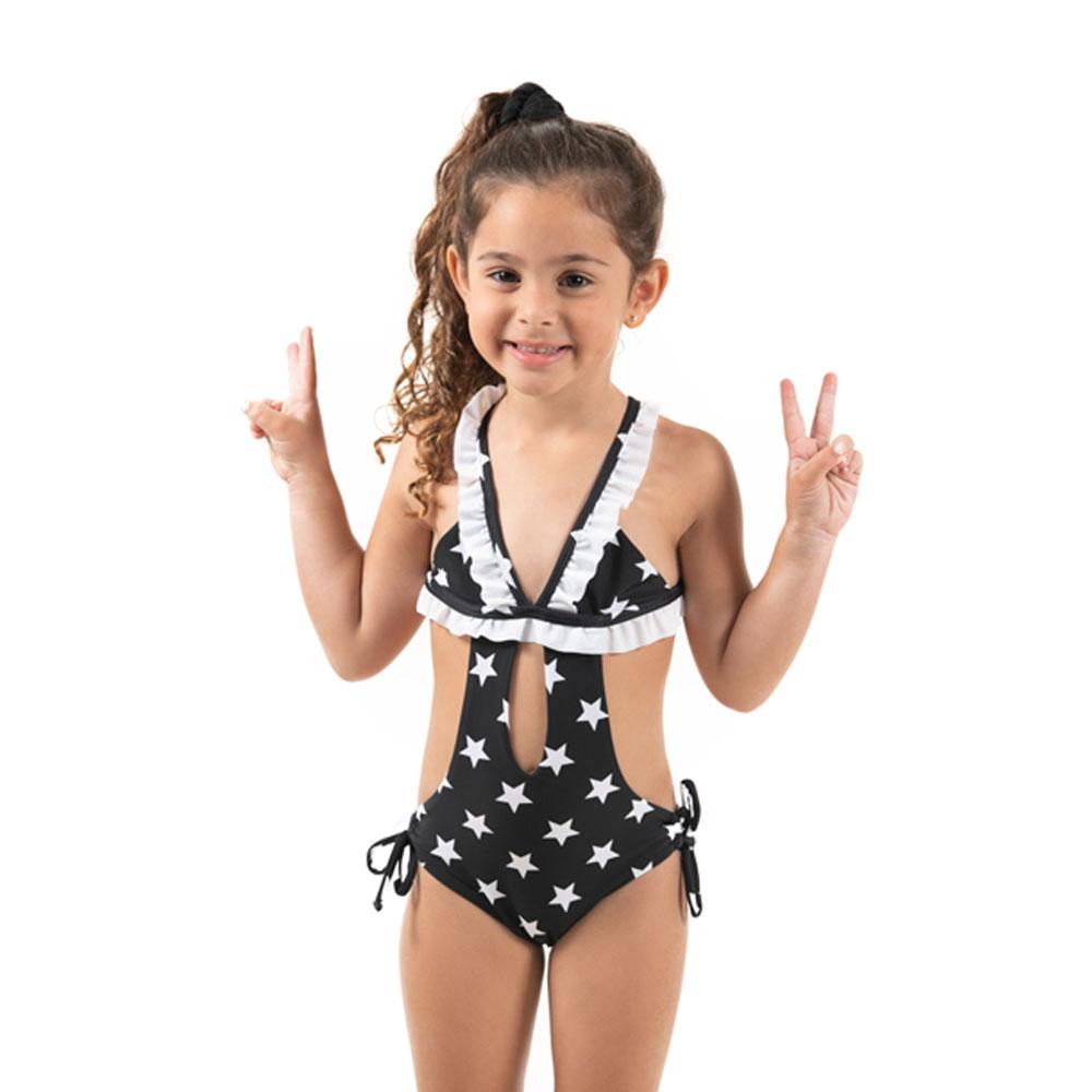 Black Stars Trikini featuring a vibrant printed design in lycra, perfect for stylish beach outings.