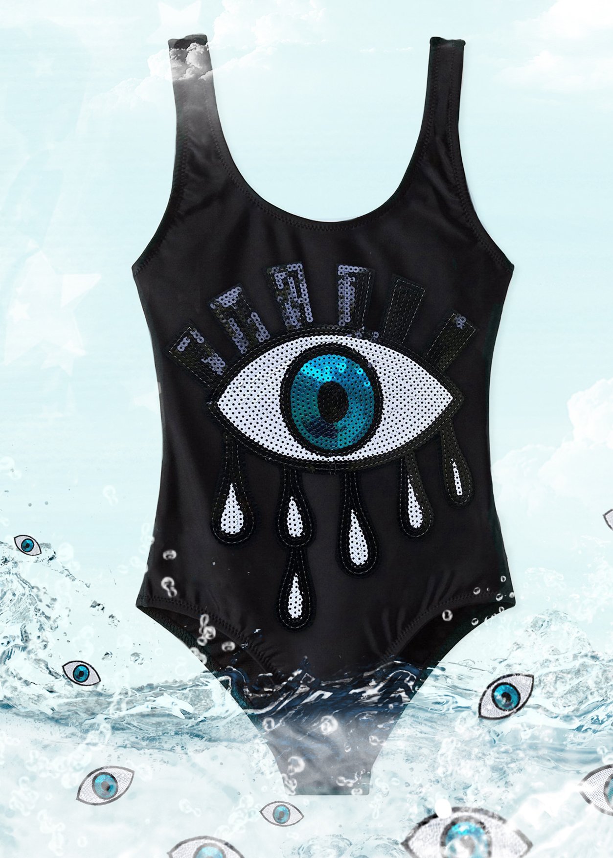 A stylish black tank top featuring a unique sequin eye design, perfect for girls' beachwear.