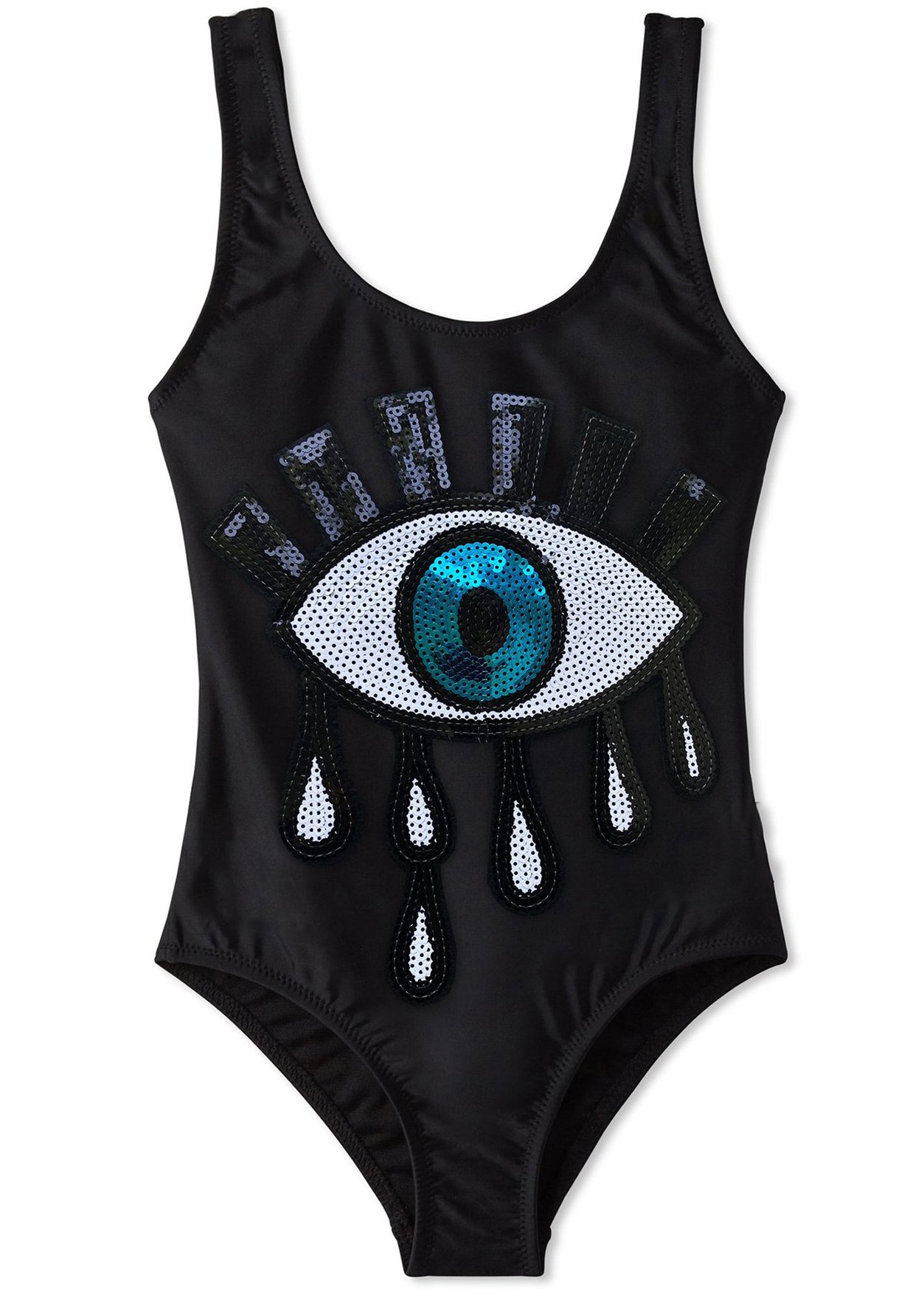 A stylish black tank top featuring a unique sequin eye design, perfect for girls' beachwear.