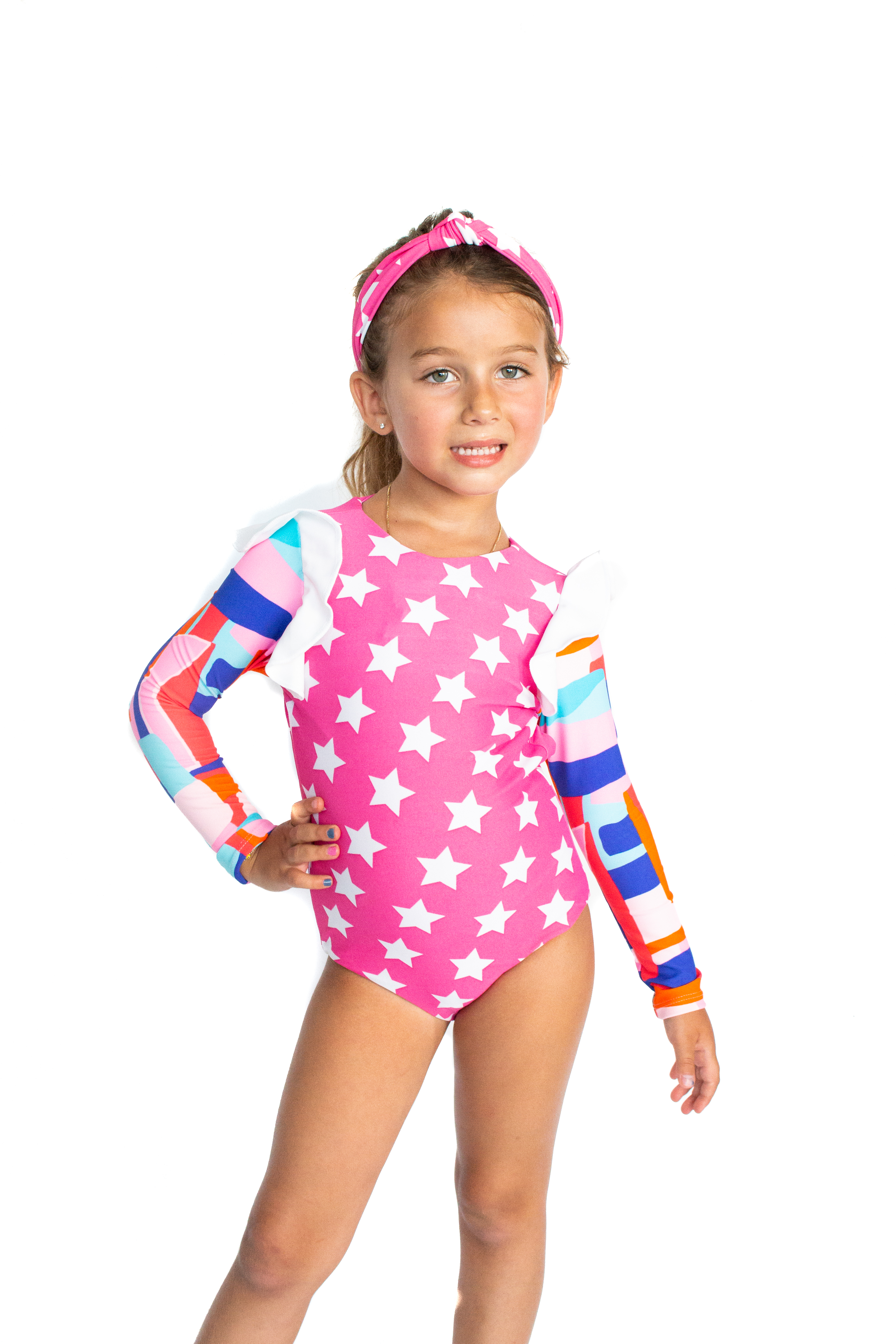 Block Stars One Piece Swimsuit featuring vibrant print and UPF 50+ sun protection, ideal for beach and pool activities.