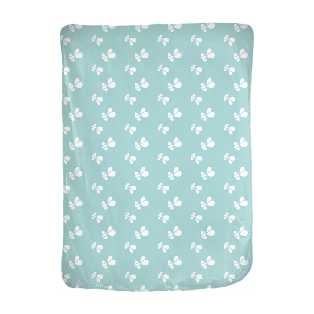 Blue Bees Minky Blanket featuring soft velveteen and fleece materials in a playful design, available in two sizes.