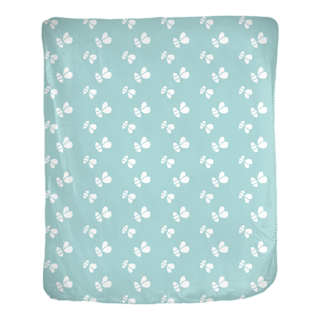 Blue Bees Minky Blanket featuring soft velveteen and fleece materials in a playful design, available in two sizes.