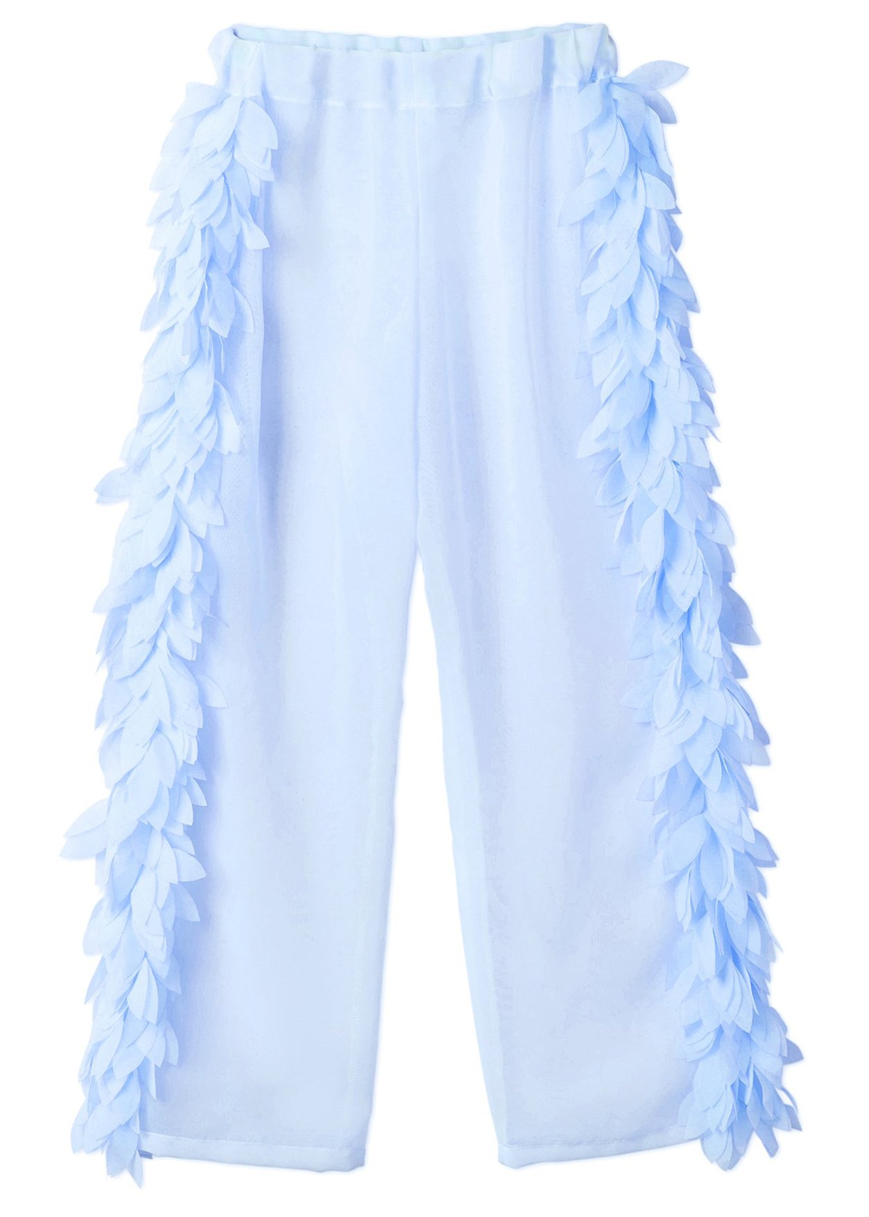 A pair of stylish blue cover-up beach pants displayed on a sandy beach, perfect for summer outings.