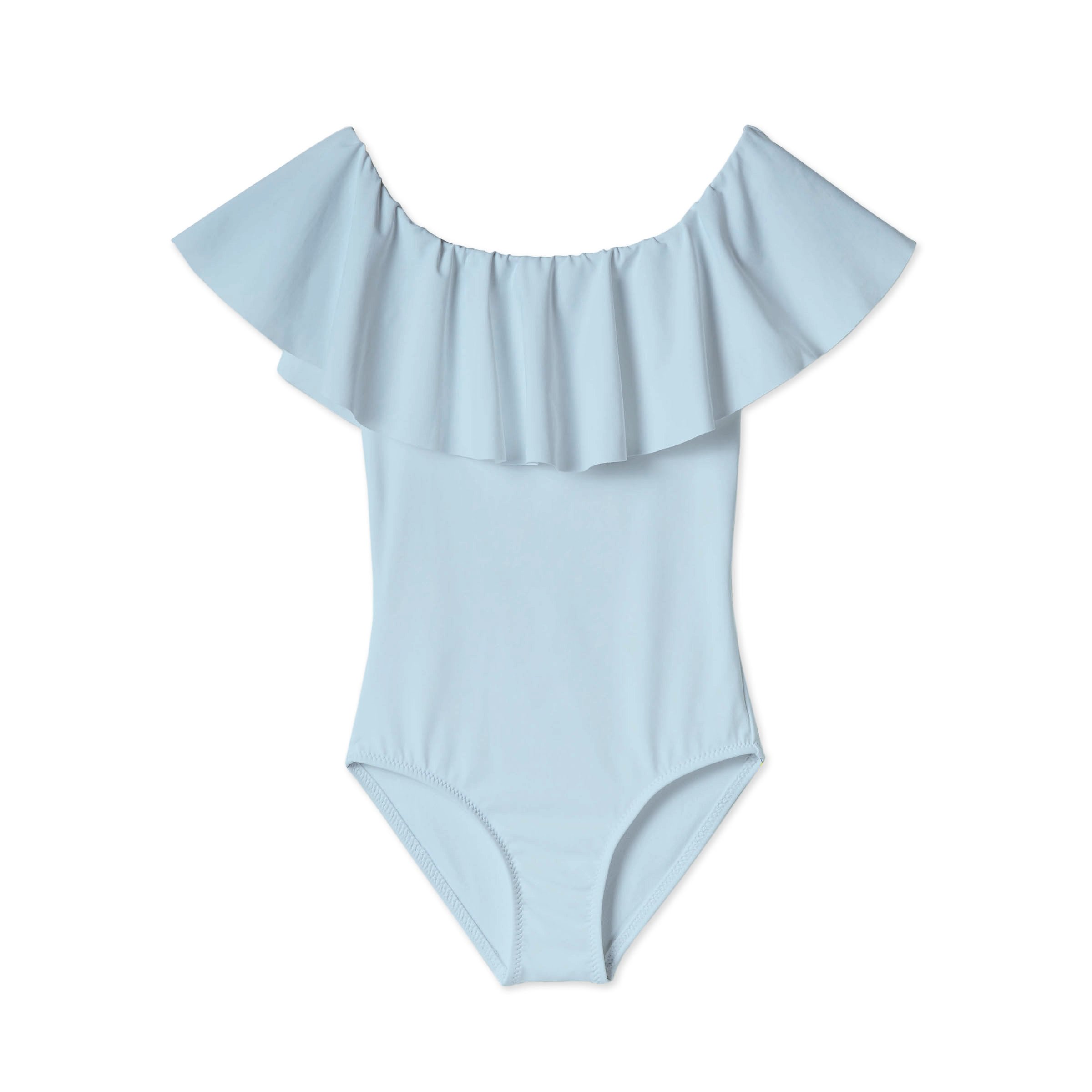 Light blue draped bathing suit for girls with matching cover-up poncho and pants, perfect for beach outings.