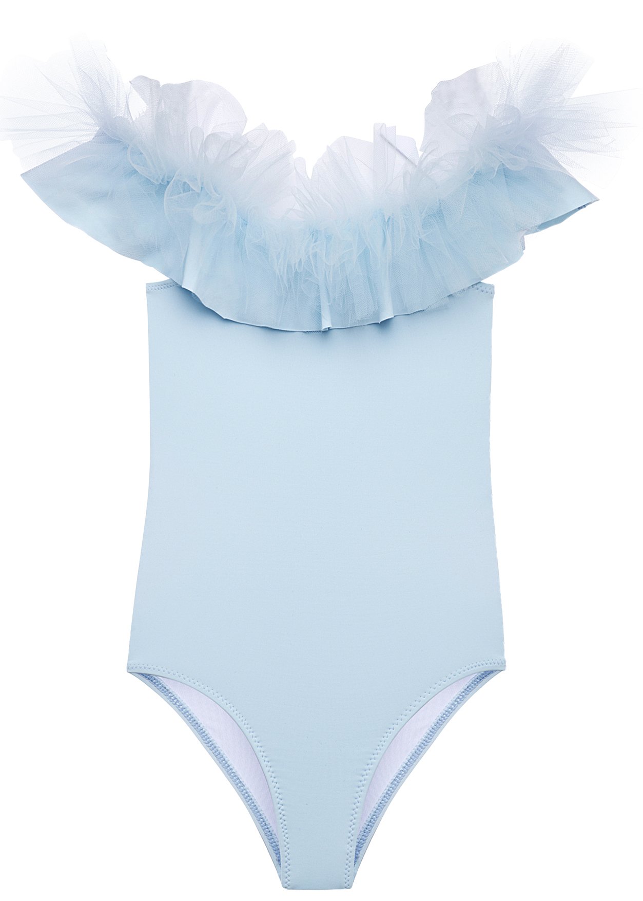 Baby blue draped swimsuit with tulle detail for girls, showcasing elegant design and high-quality fabric.