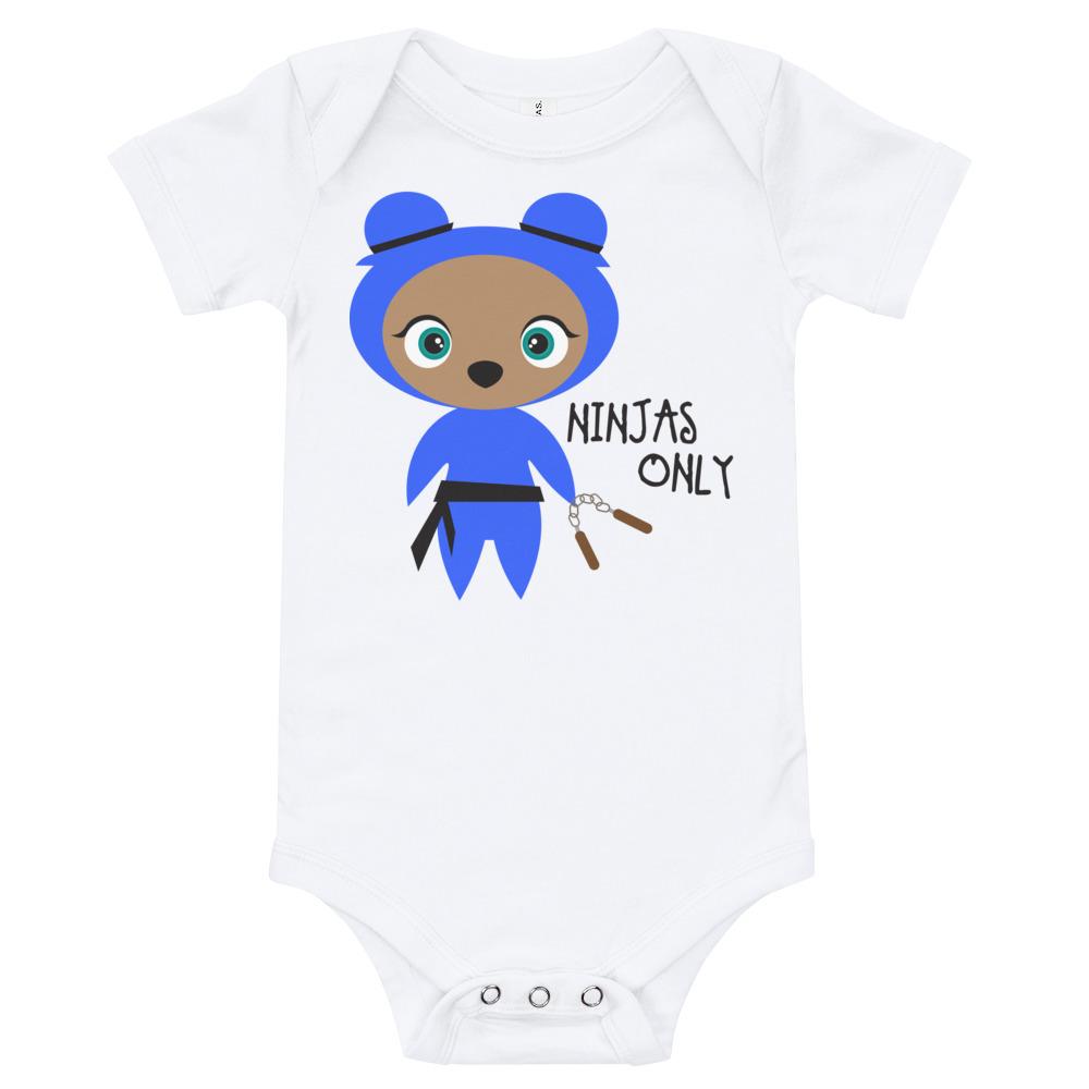 Blue Ninjas Only Kritter Baby Bodysuit made from soft cotton, featuring an envelope neckline and three snap leg closure.