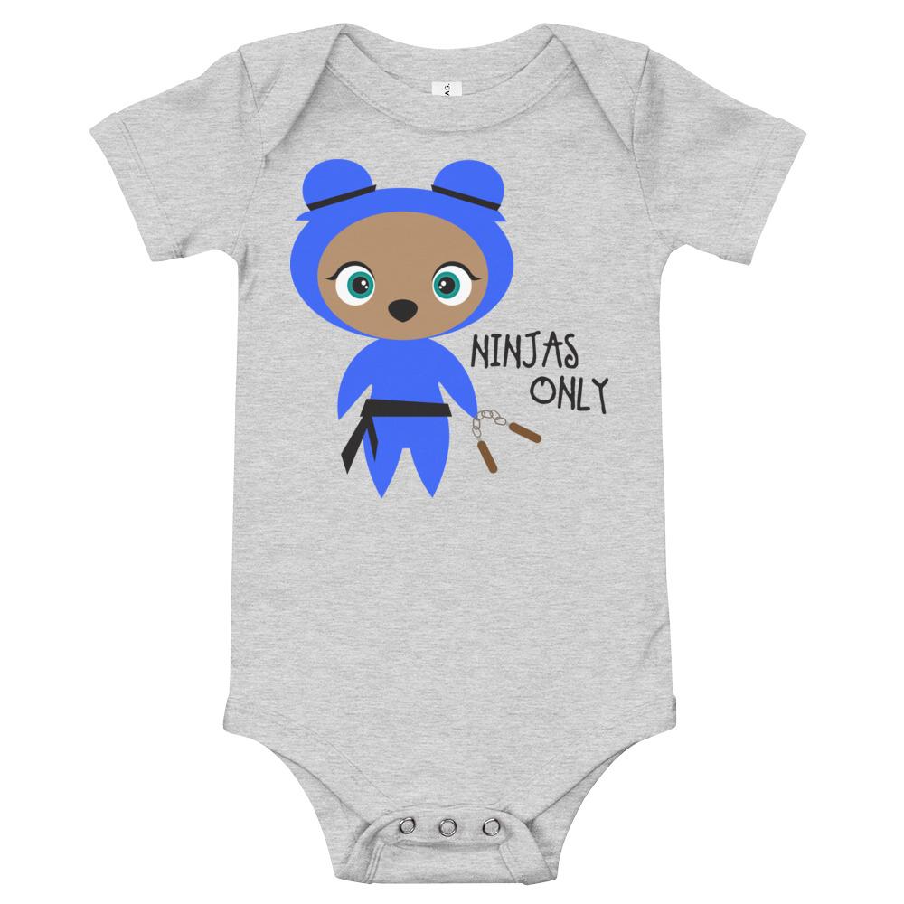 Blue Ninjas Only Kritter Baby Bodysuit made from soft cotton, featuring an envelope neckline and three snap leg closure.