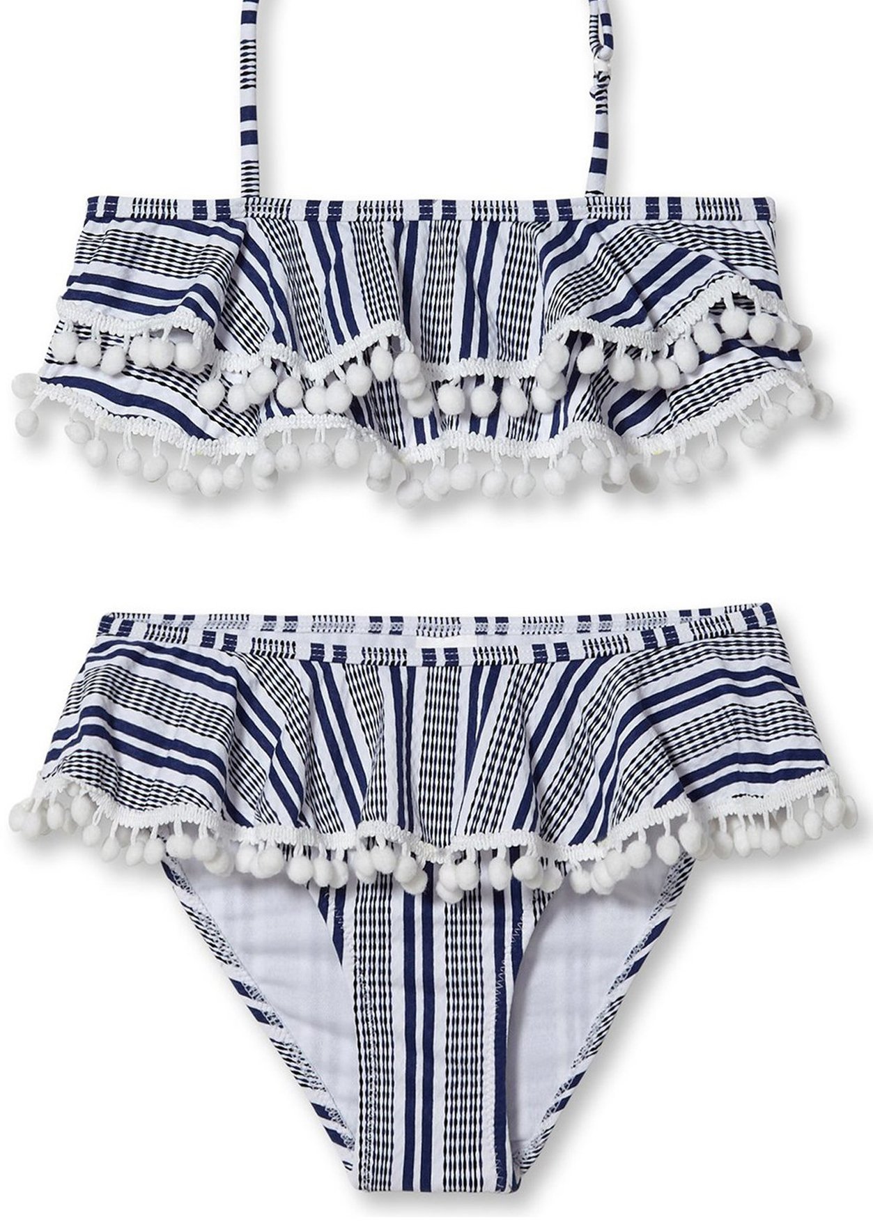 A stylish blue and white striped bikini, featuring a comfortable design suitable for beach and pool activities.