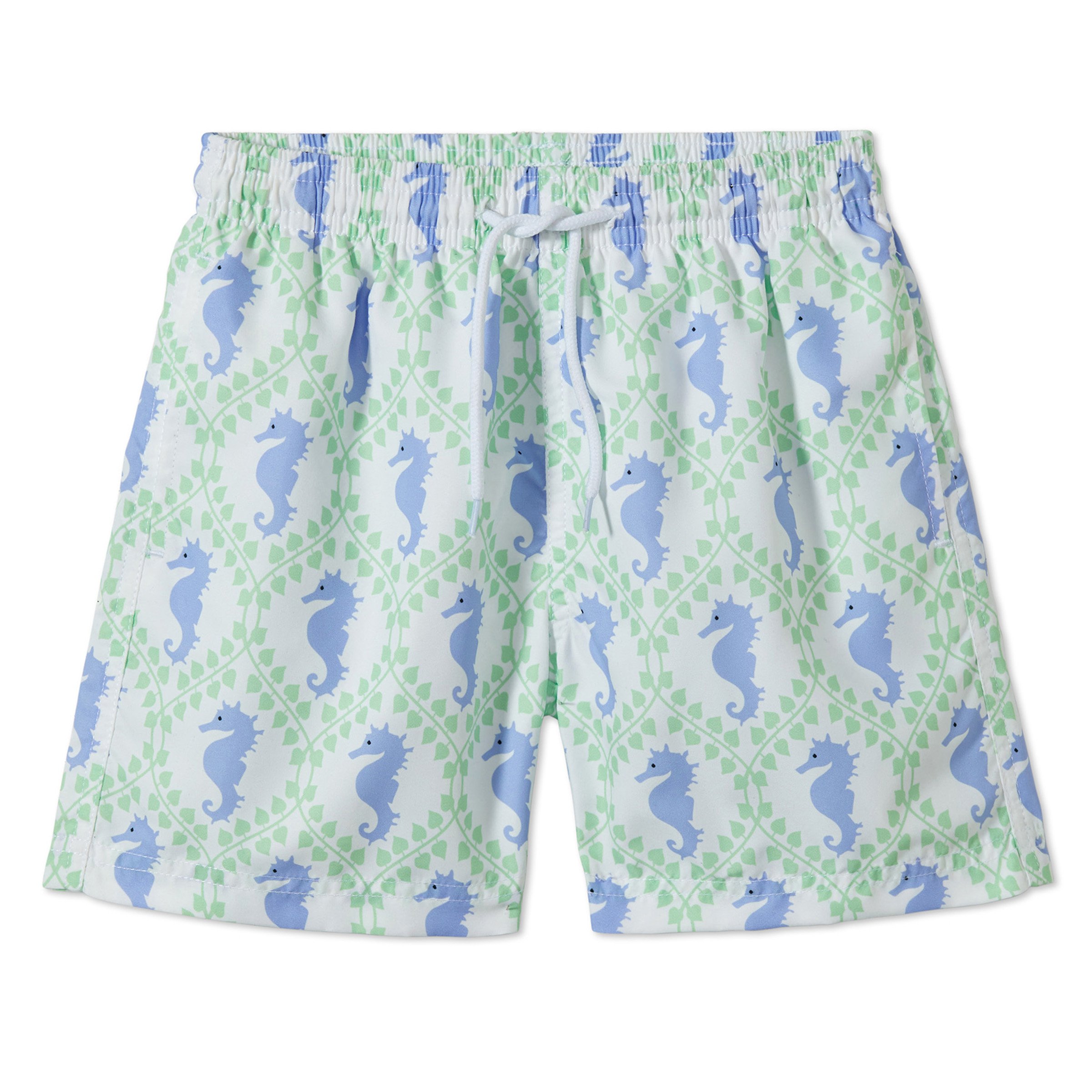 Colorful board shorts featuring a playful sea horse print, designed for boys' swimwear collection.