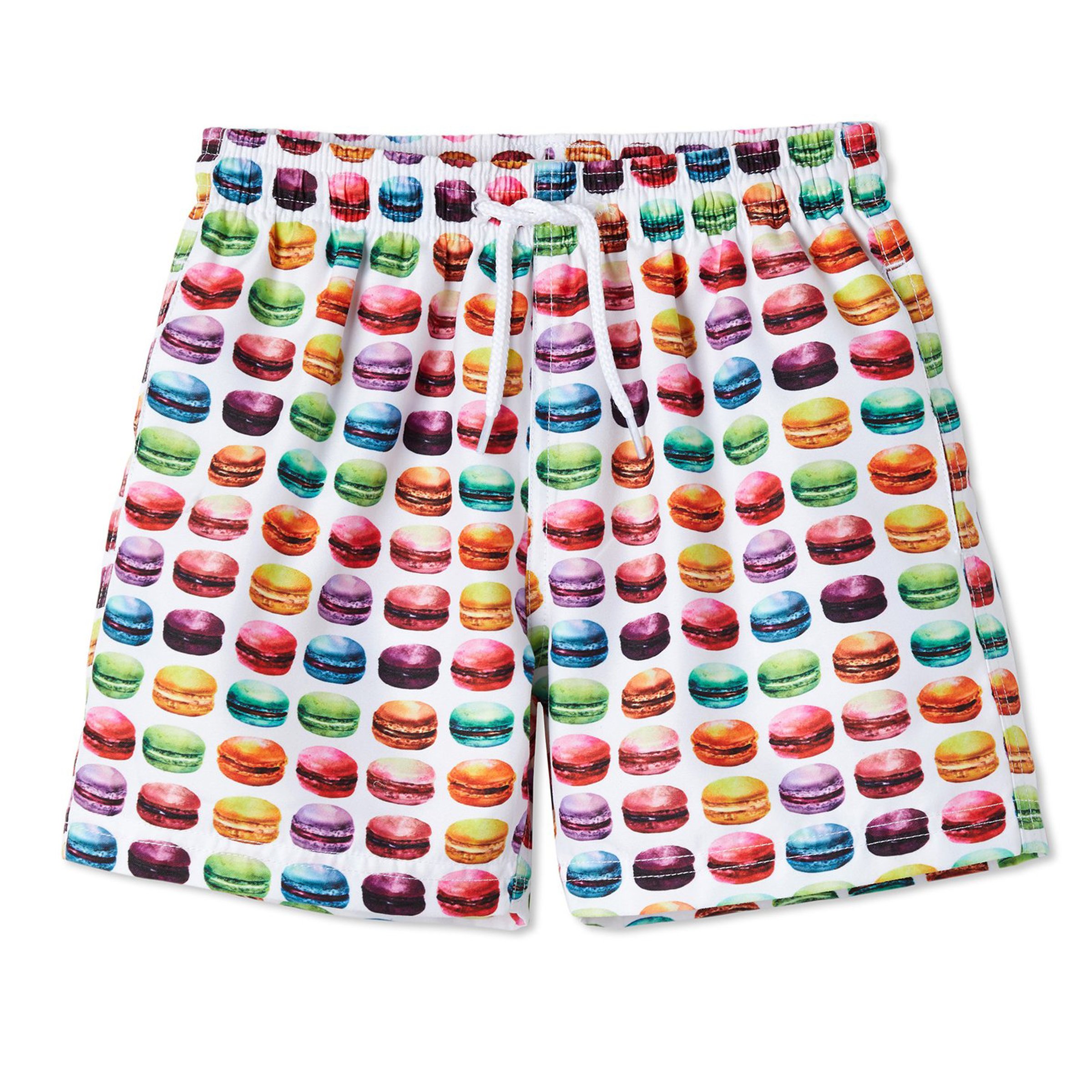 A pair of vibrant board shorts featuring colorful patterns, perfect for beach and pool activities.