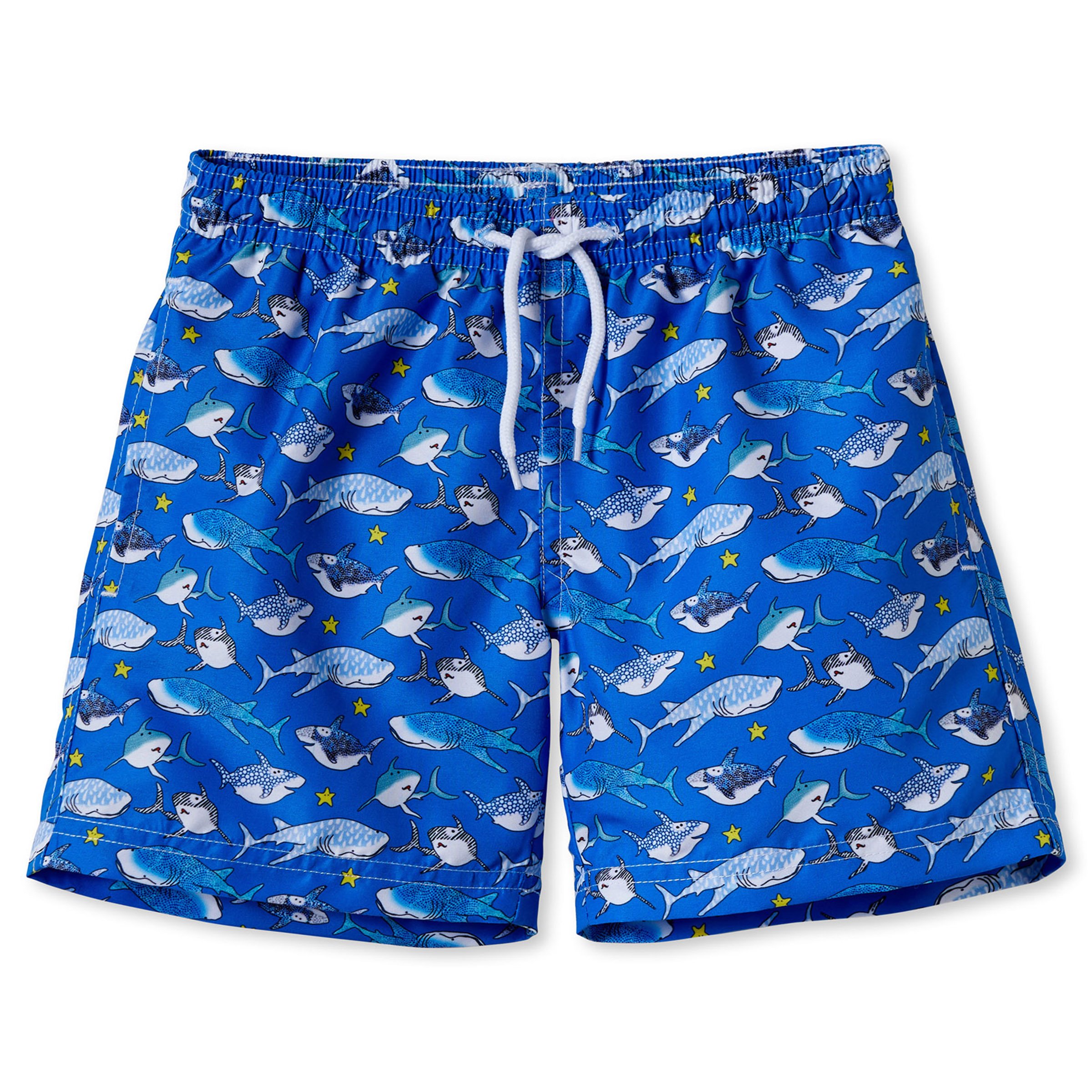 Royal blue board shorts featuring a fun shark print, perfect for boys' swimwear, with matching goggles included.