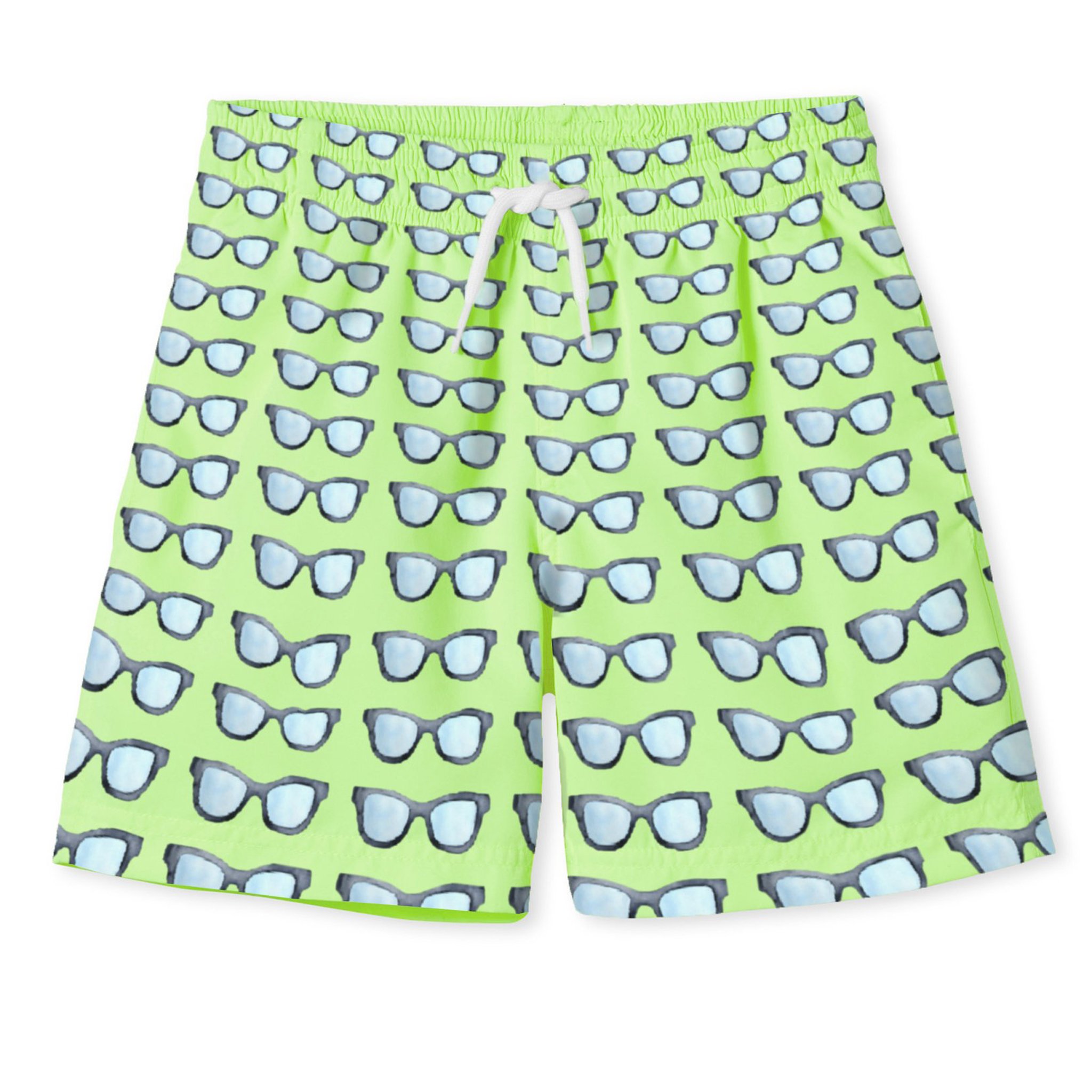 Boys' apple green board shorts featuring cute sunglasses design, perfect for summer activities.