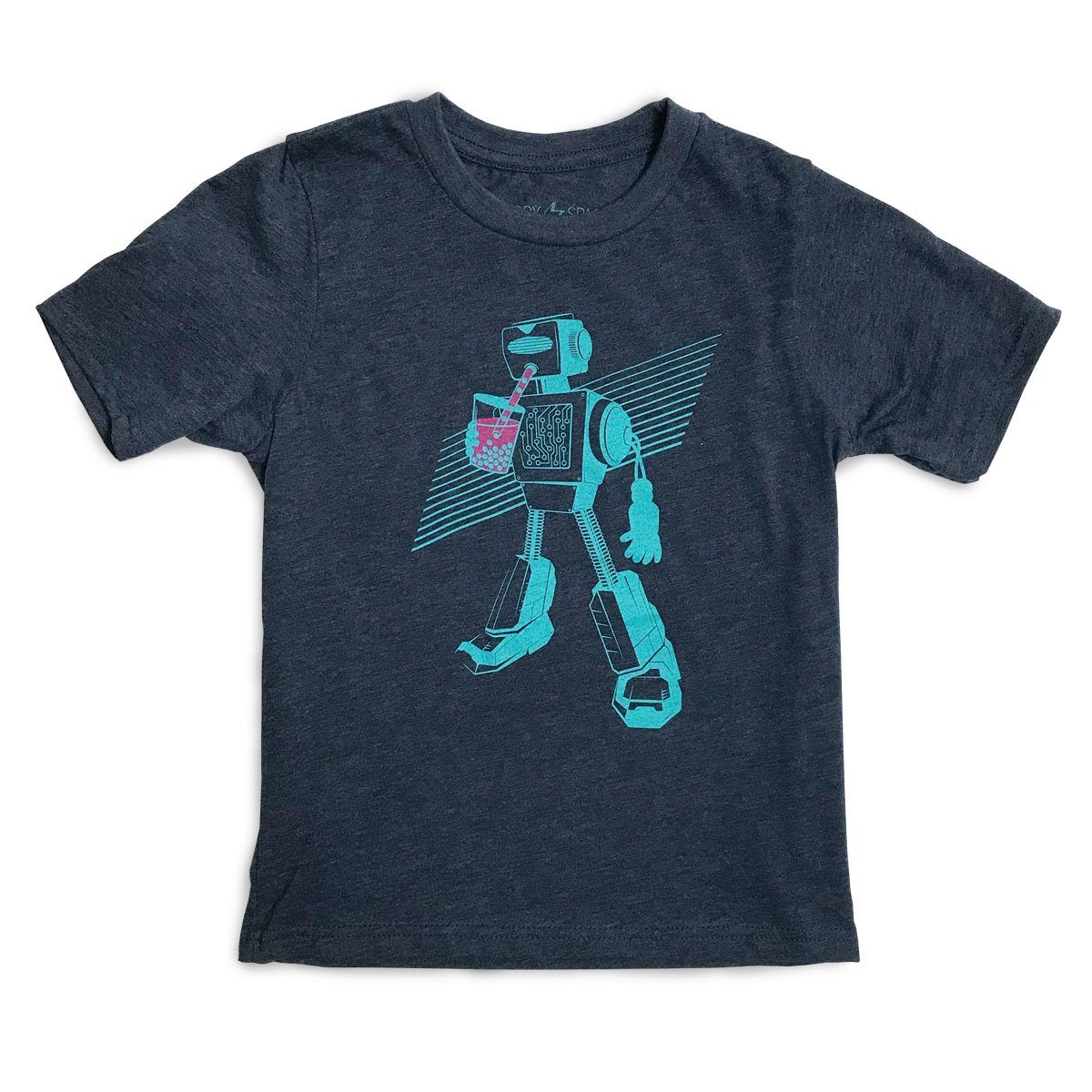 Boba Bot Kids T-Shirt in dark heather navy featuring unique illustrations, soft fabric, and a premium fitted design.