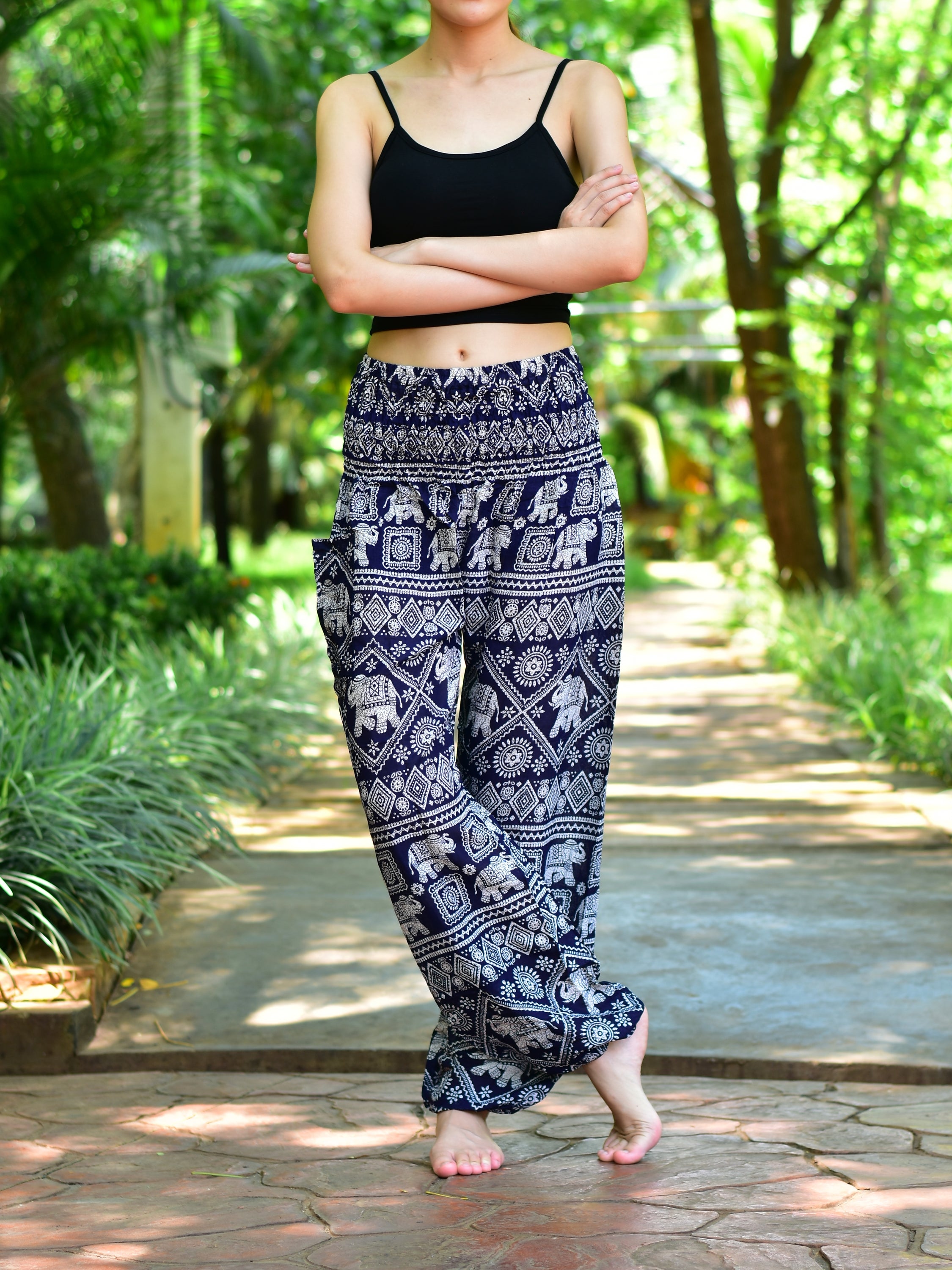 Bohotusk Kids Black Elephant Print Harem Pants featuring elasticated waist and ankles, made from soft rayon fabric.