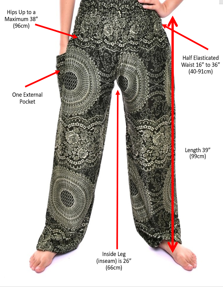 Bohotusk Kids Black Elephant Print Harem Pants featuring elasticated waist and ankles, made from soft rayon fabric.