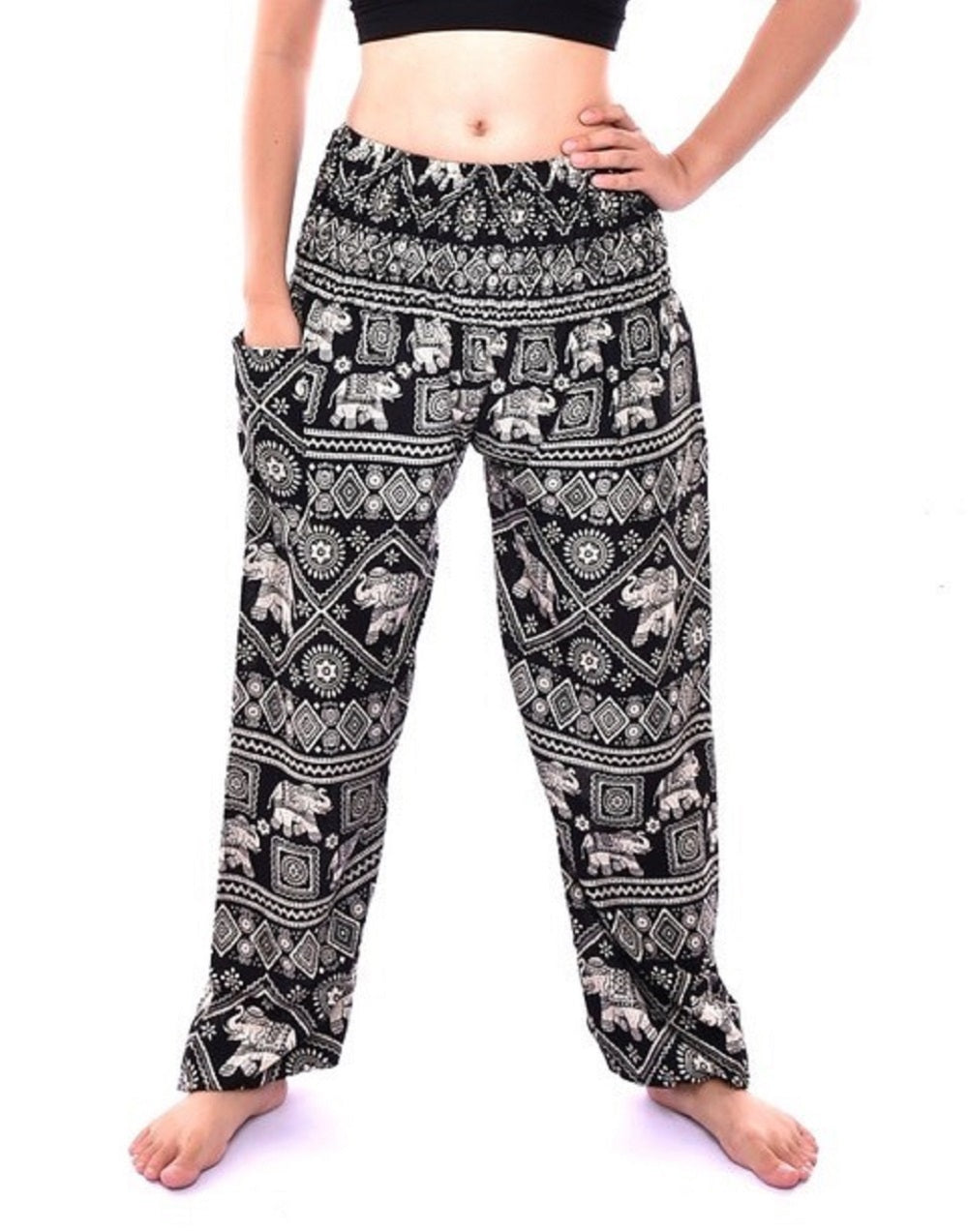 Bohotusk Kids Black Elephant Print Harem trousers featuring elasticated waist and ankles, made from soft rayon fabric.