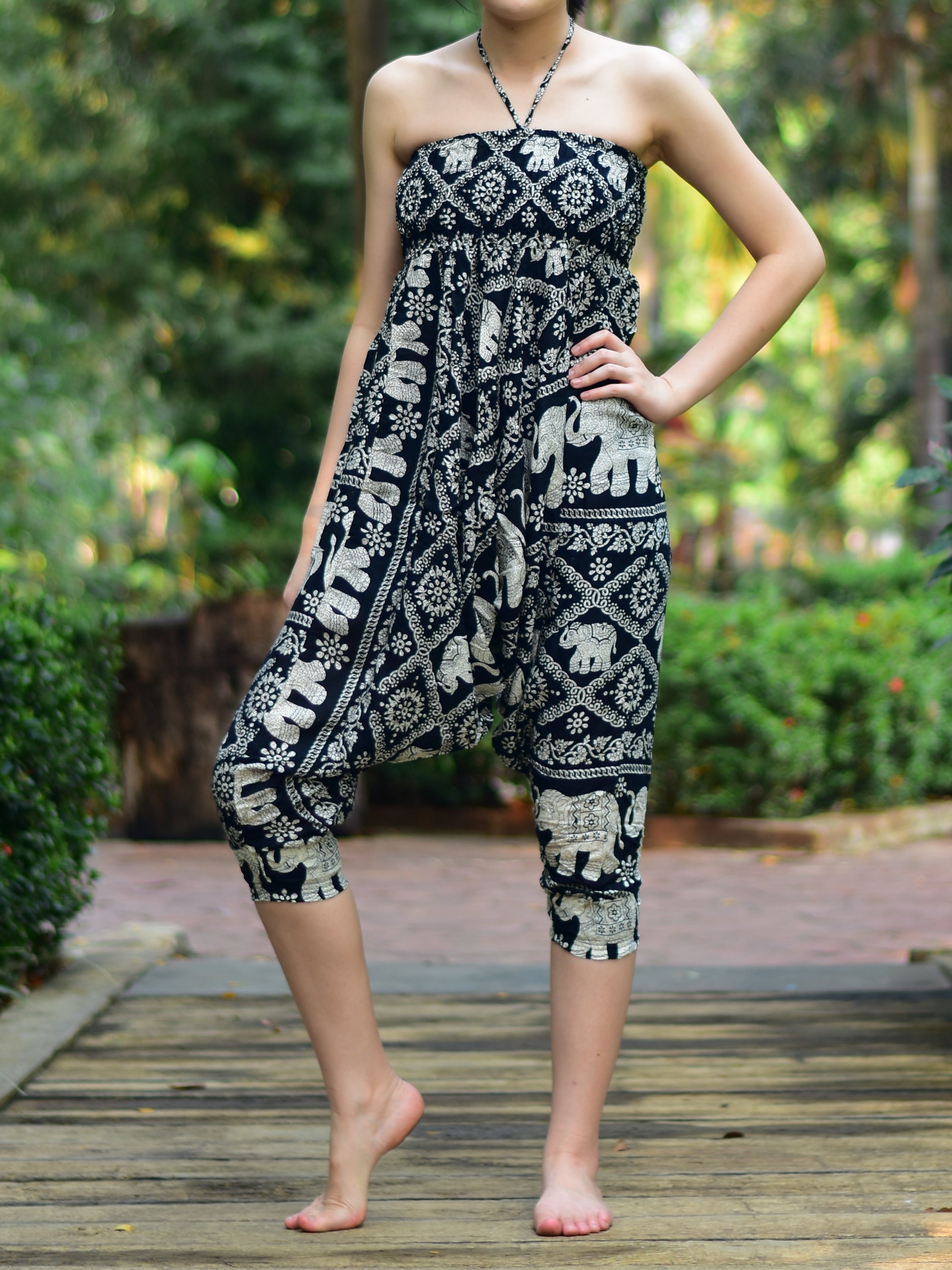 Bohotusk Kids Black Elephant Print Jumpsuit for ages 9-11, showcasing its unique design and soft fabric.