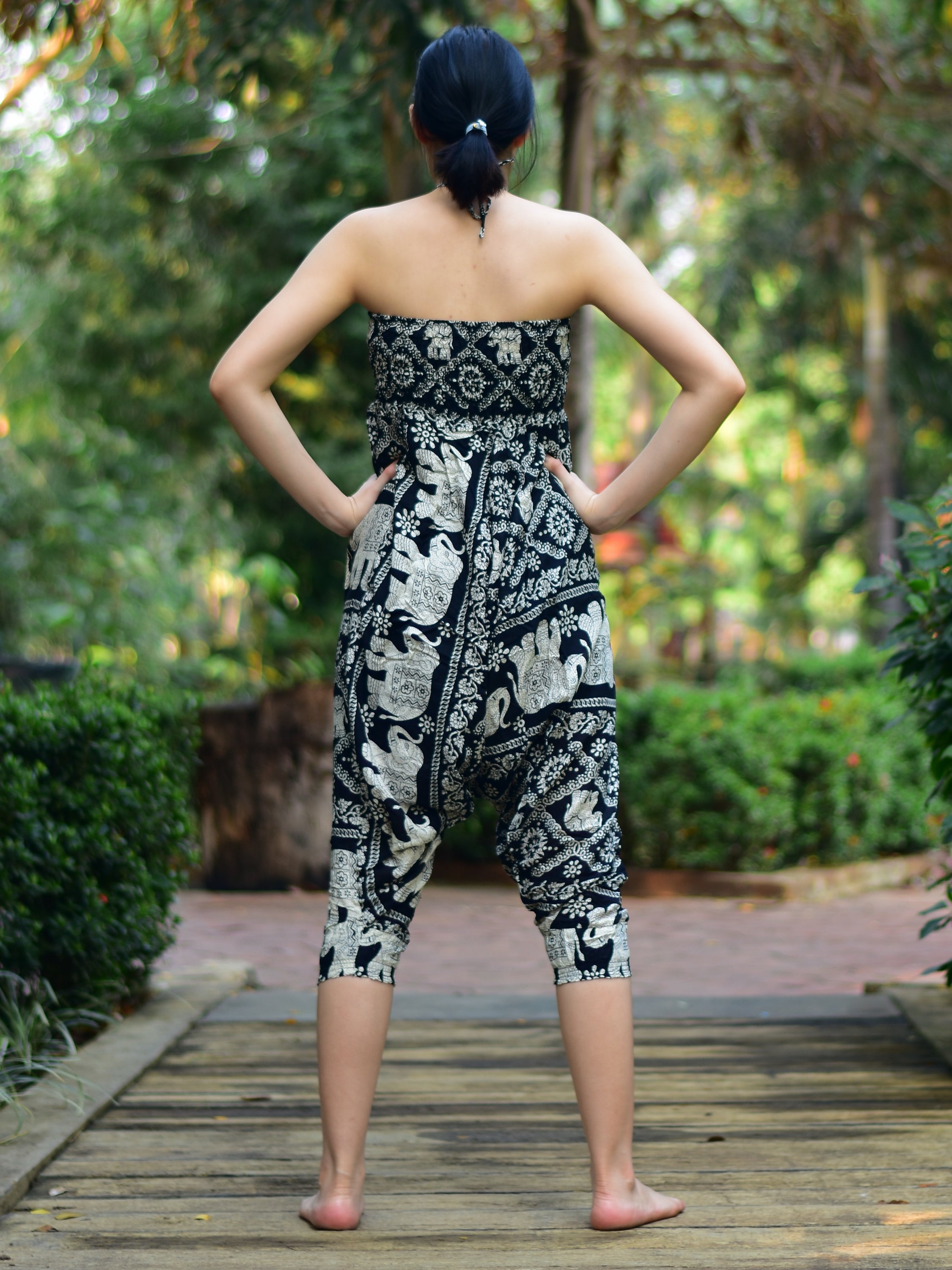 Bohotusk Kids Black Elephant Print Jumpsuit for ages 9-11, showcasing its unique design and soft fabric.