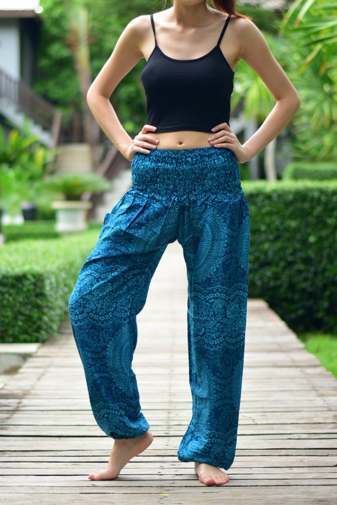 Bohotusk Kids Blue Night Glow Harem Pants featuring elasticated waist and ankles, made from soft rayon, perfect for kids' comfort.