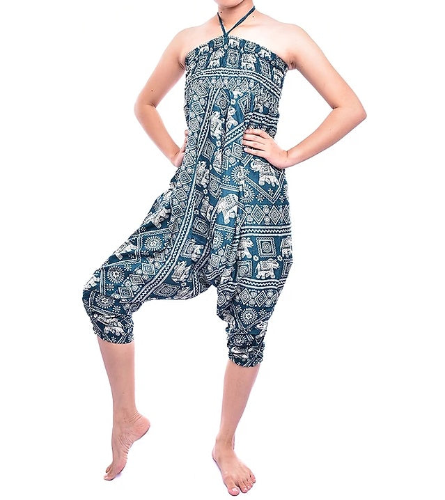 Bohotusk Kids Green Elephant Print Jumpsuit featuring a vibrant elephant design, suitable for ages 9-11, versatile as harem pants.