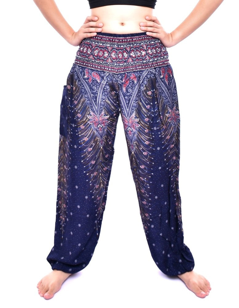 Bohotusk Kids Purple Peacock Harem Pants featuring a vibrant peacock design, elasticated waist, and lightweight rayon fabric.