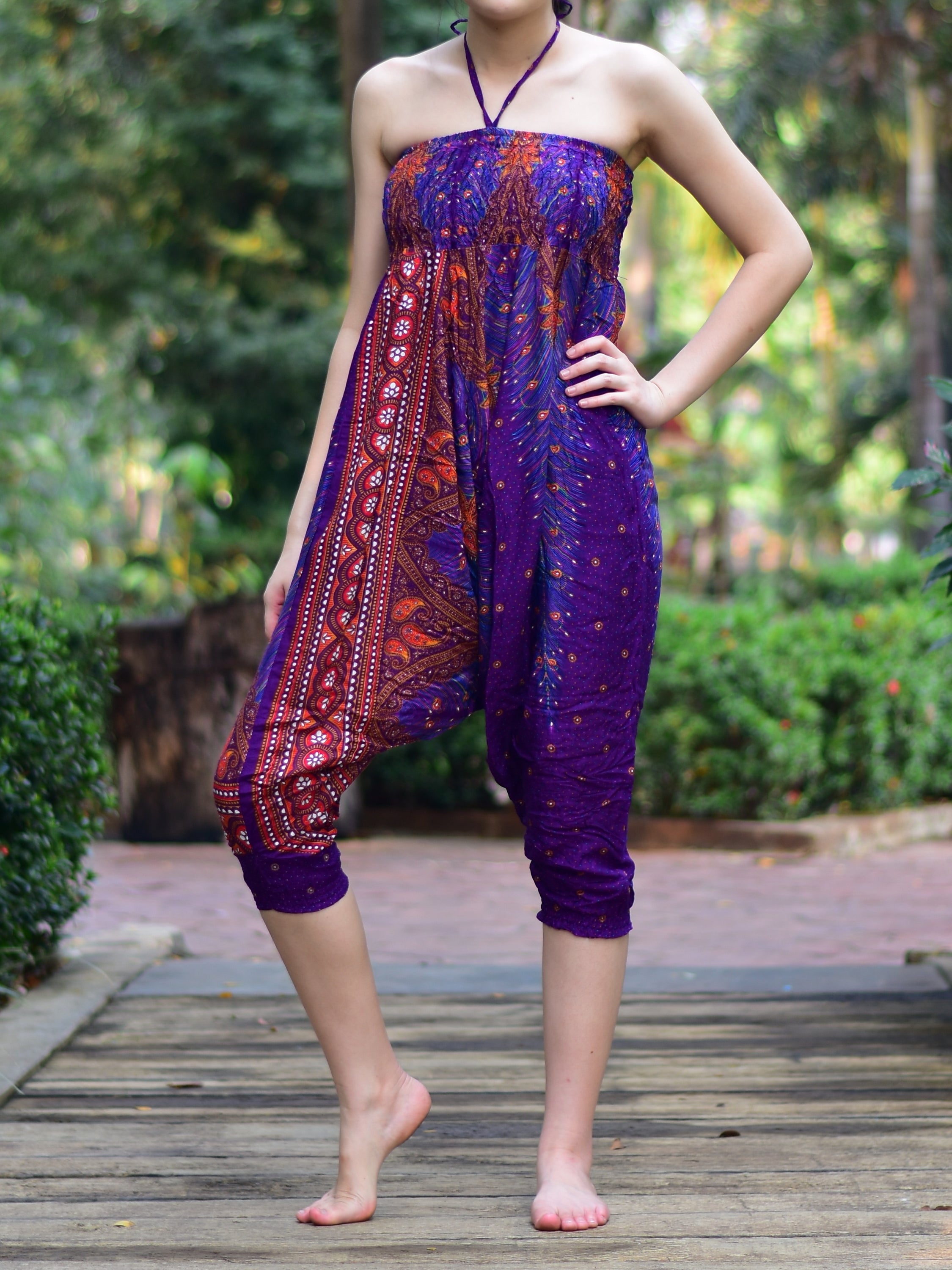 Bohotusk Kids Purple Peacock Jumpsuit showcasing vibrant colors and unique design, perfect for ages 6-8.