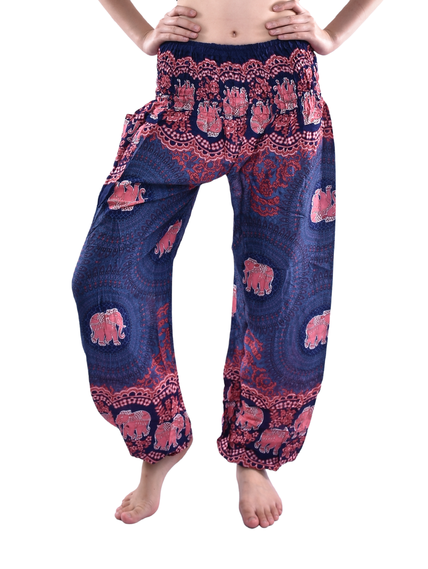 Bohotusk Kids Purple Pink Elephant Genie Pants featuring elasticated waist and ankles, handmade in Thailand from soft rayon.