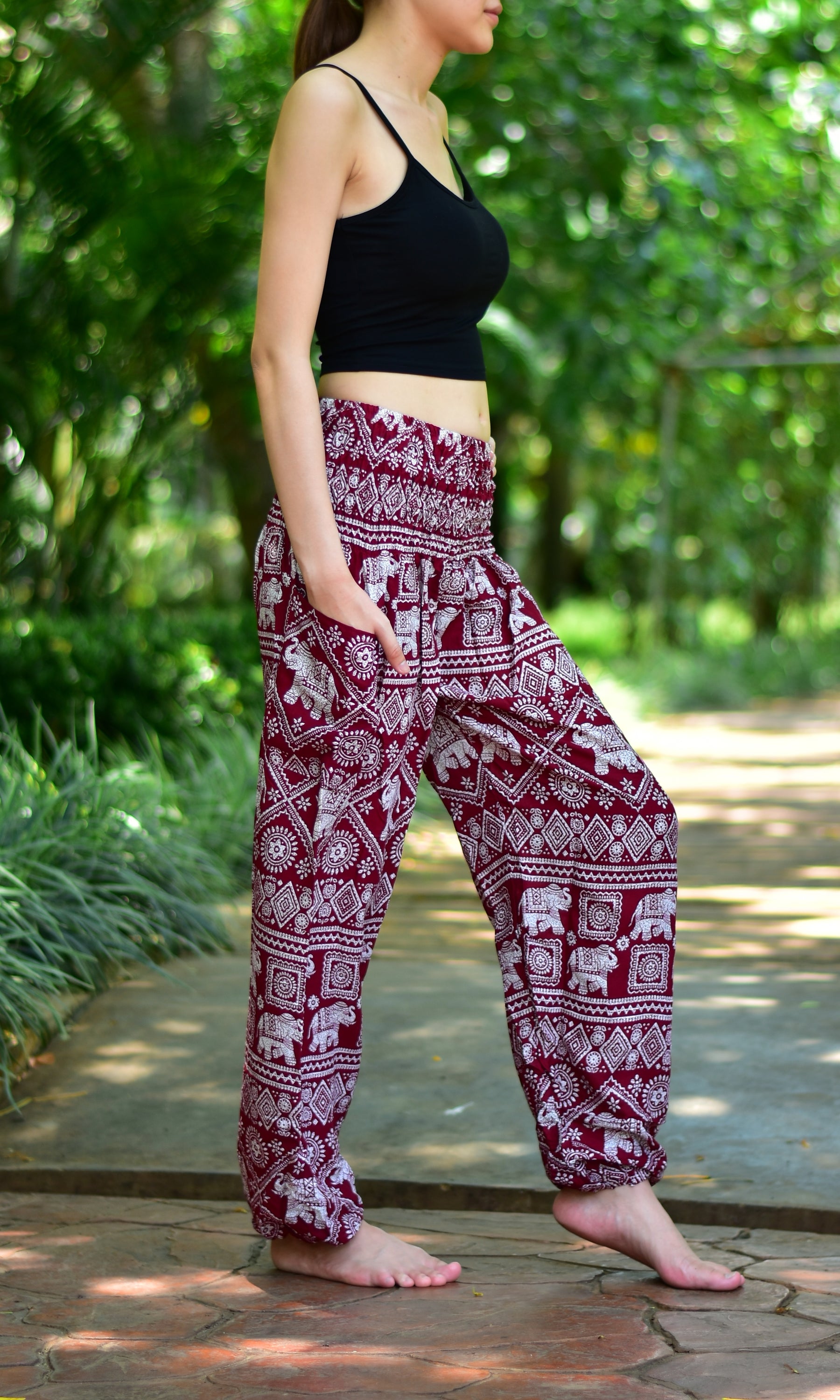 Bohotusk Kids Red Elephant Print Harem Pants featuring elasticated waist and ankles, made from soft rayon fabric.