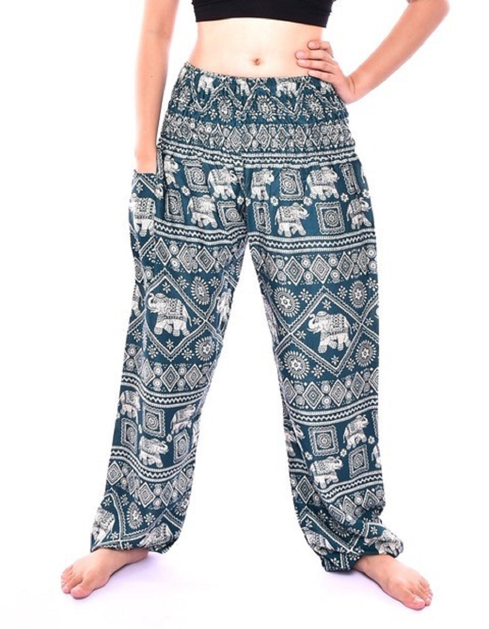 Bohotusk Kids Turquoise Elephant Print Harem Pants featuring a vibrant elephant design and elasticated waist for comfort.