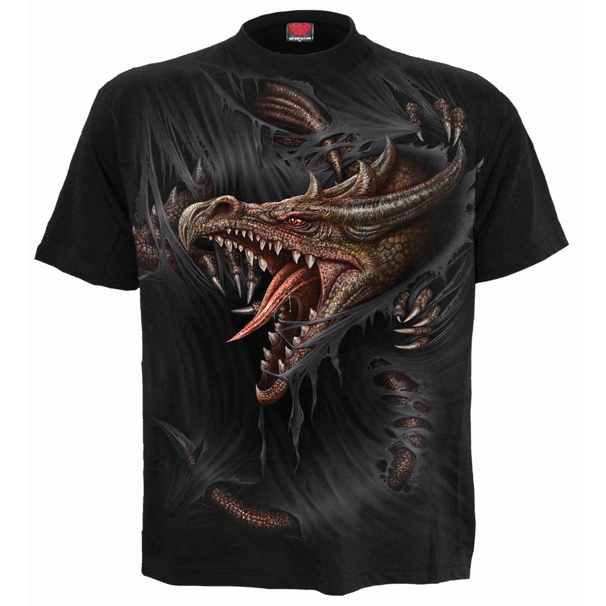 Black kids t-shirt featuring a fierce dragon design, made from 100% cotton.