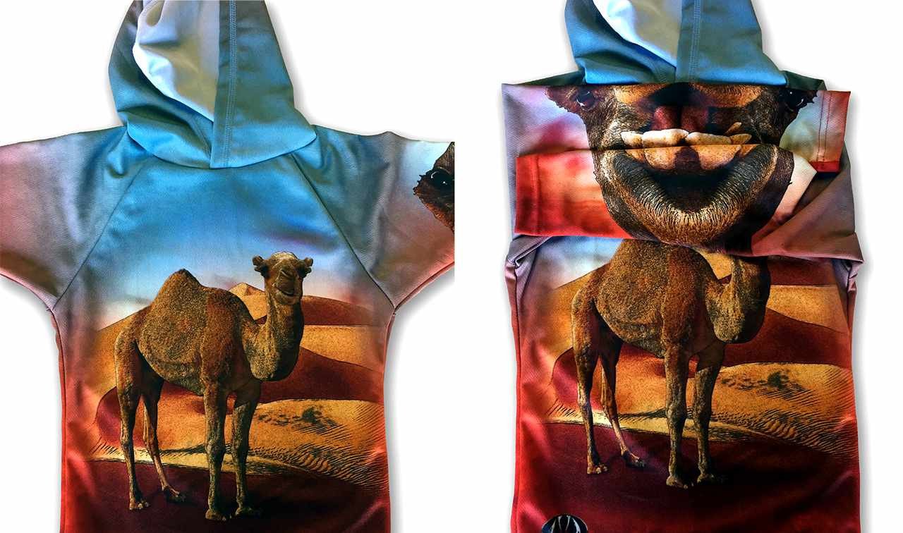 CAMEL Hoodie Sport Shirt by MOUTHMAN® featuring a vibrant chomping mouth design, made from recycled materials.