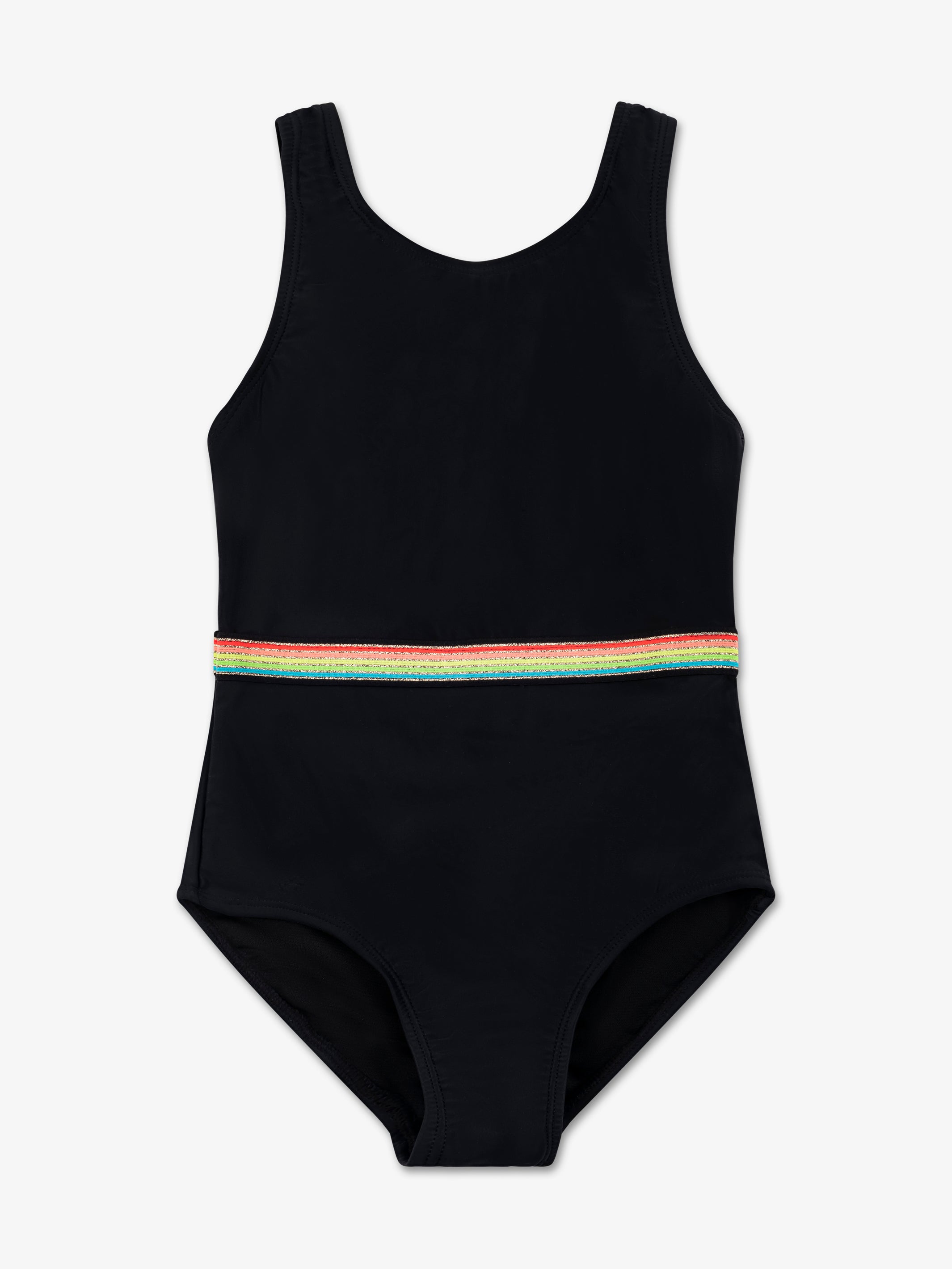 CAMILLE Multicolor Band One Piece Swimsuit featuring wide straps and vibrant colors, perfect for summer fun.