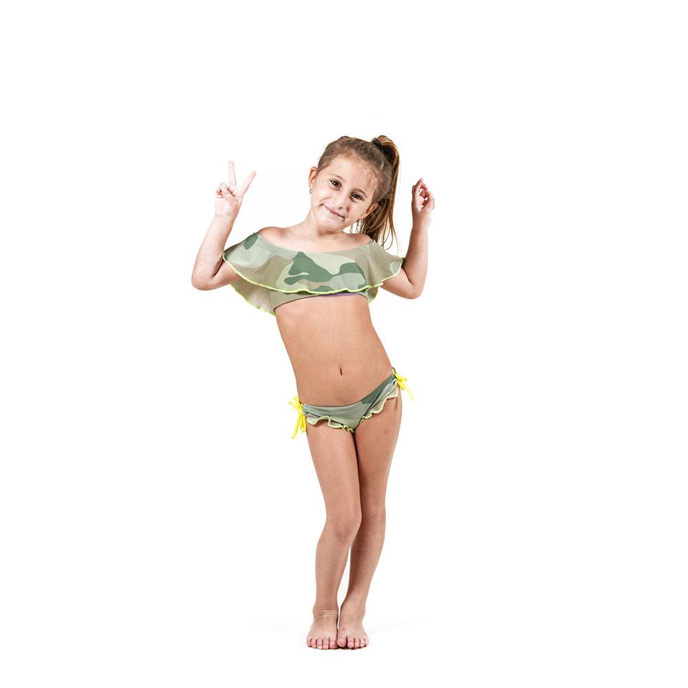 Stylish camouflage bikini featuring an off-the-shoulder top and adjustable bottom, perfect for summer fun.