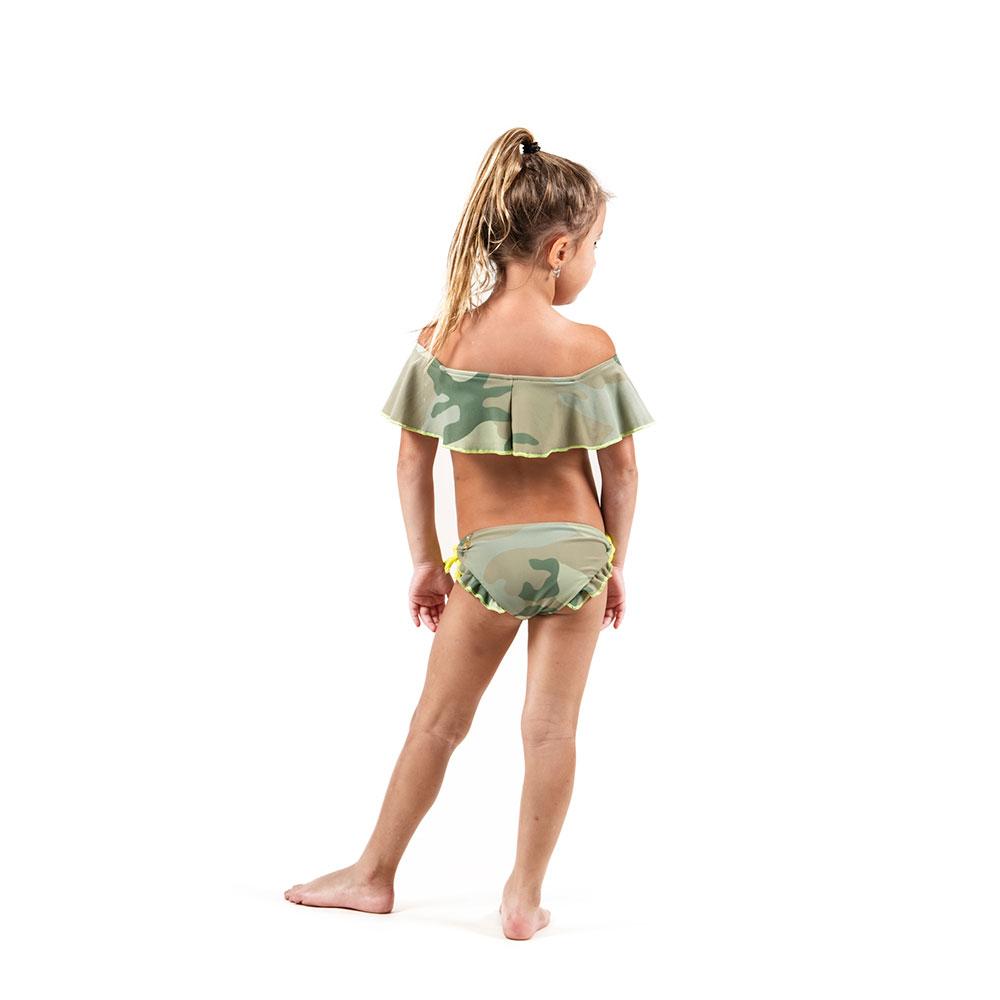 Stylish camouflage bikini featuring an off-the-shoulder top and adjustable bottom, perfect for summer fun.