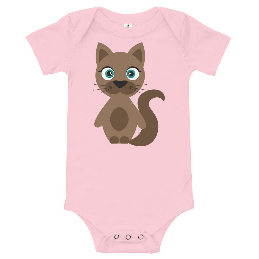 A soft cotton Cat Kritter Onesie featuring a cute cat design, perfect for babies aged 3-24 months.