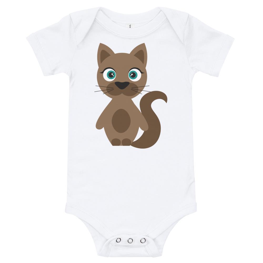 A soft cotton Cat Kritter Onesie featuring a cute cat design, perfect for babies aged 3-24 months.