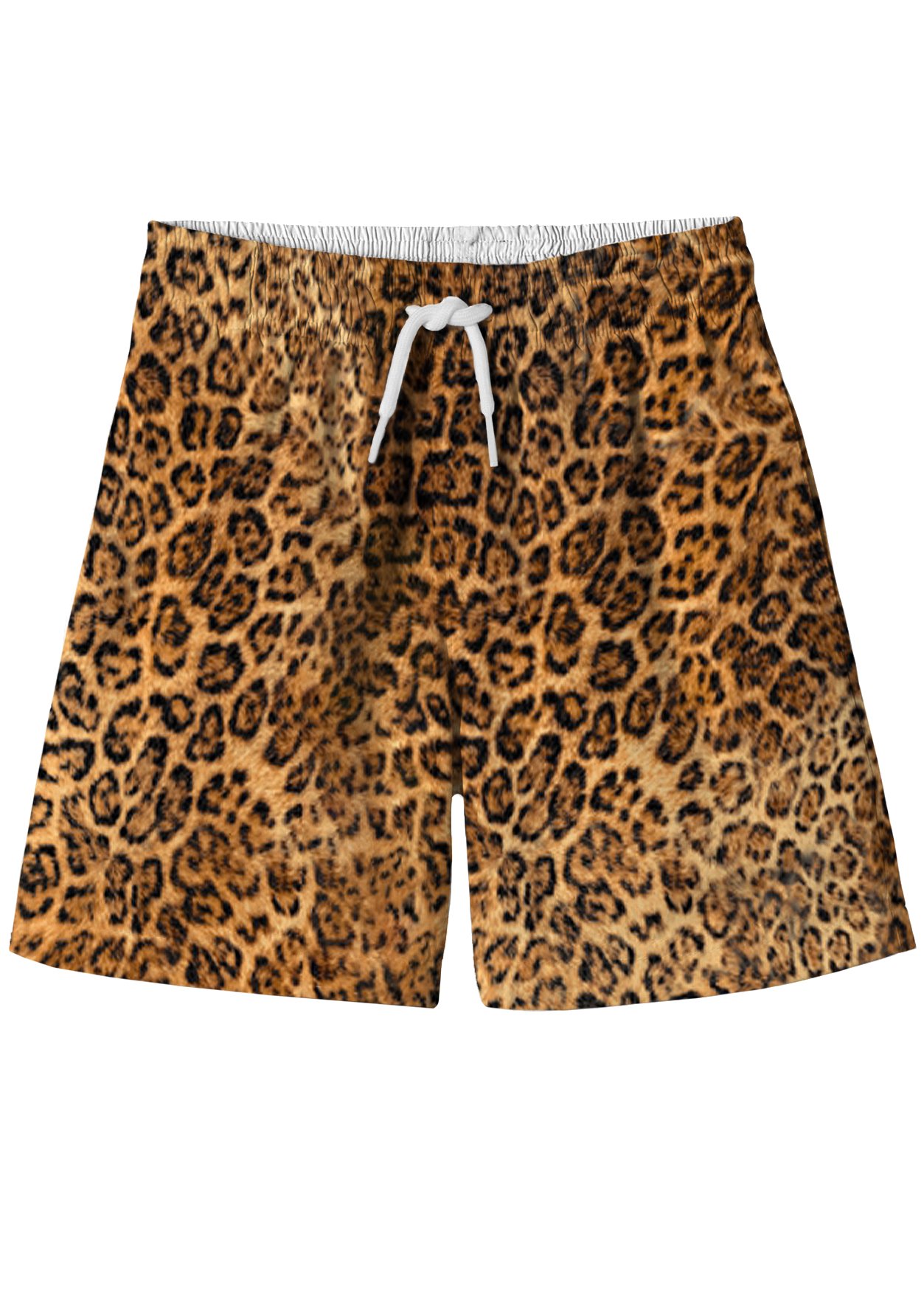 A pair of stylish cheetah print board shorts designed for beach and pool activities, showcasing vibrant colors and a comfortable fit.