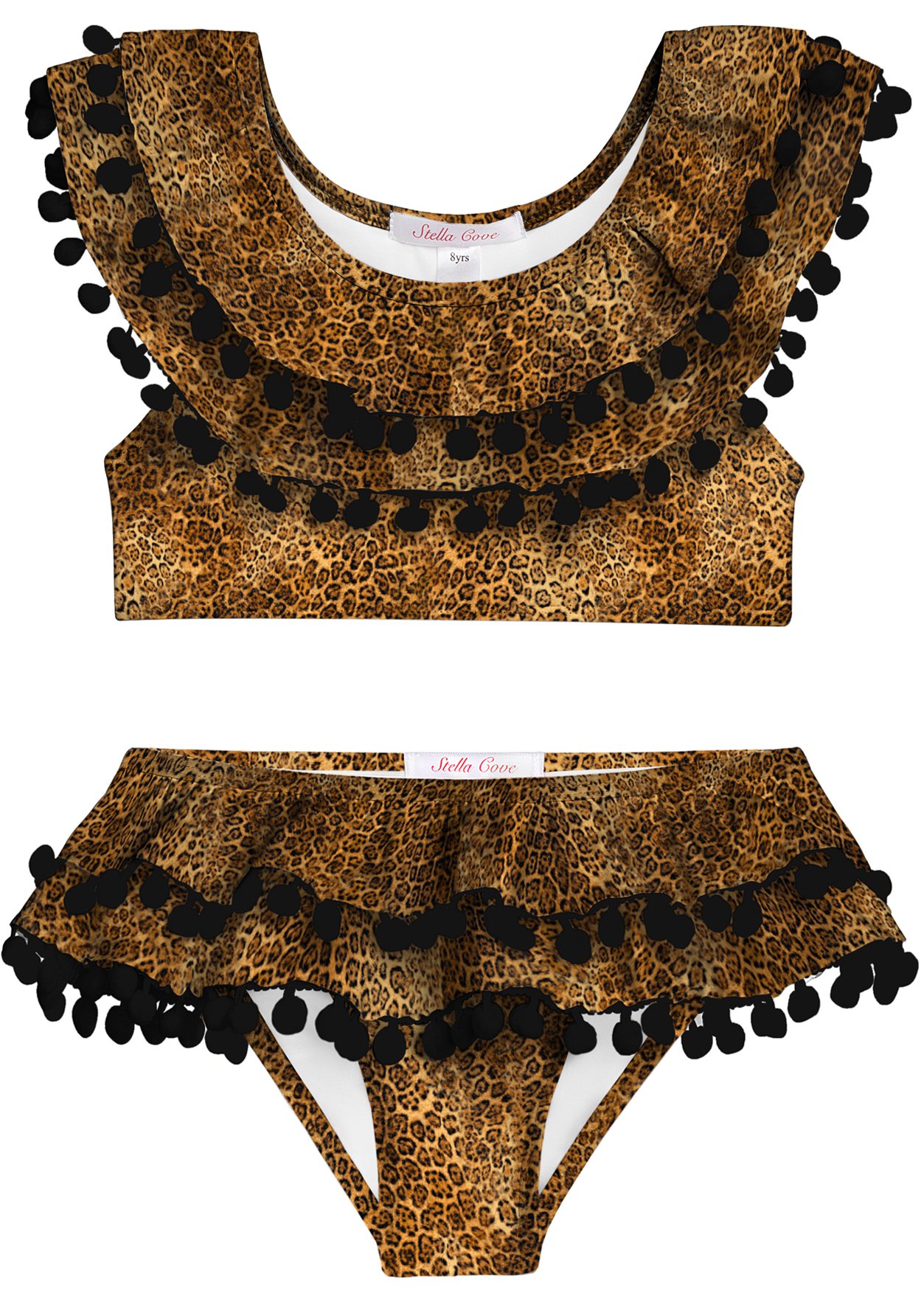 Cheetah Double Ruffle Bikini for girls with pom poms, showcasing stylish design and vibrant colors.