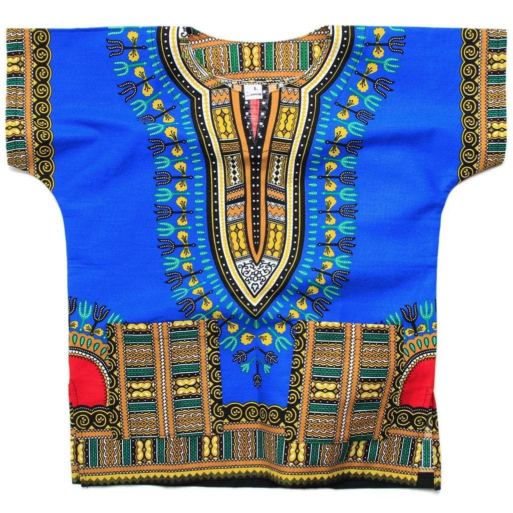 A vibrant blue handmade dashiki shirt for children, showcasing traditional patterns and comfortable cotton fabric.