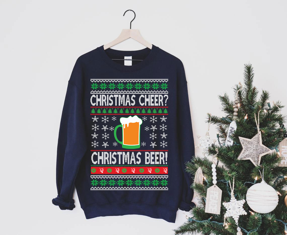 A cozy Christmas Cheers Beer Sweatshirt featuring festive designs, perfect for holiday celebrations and casual wear.