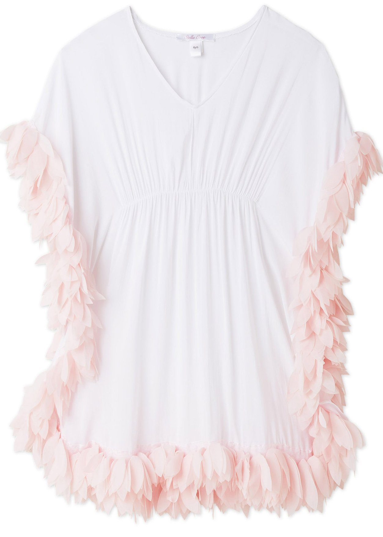 Elegant white poncho cover-up adorned with pink chiffon petals, perfect for beachwear.