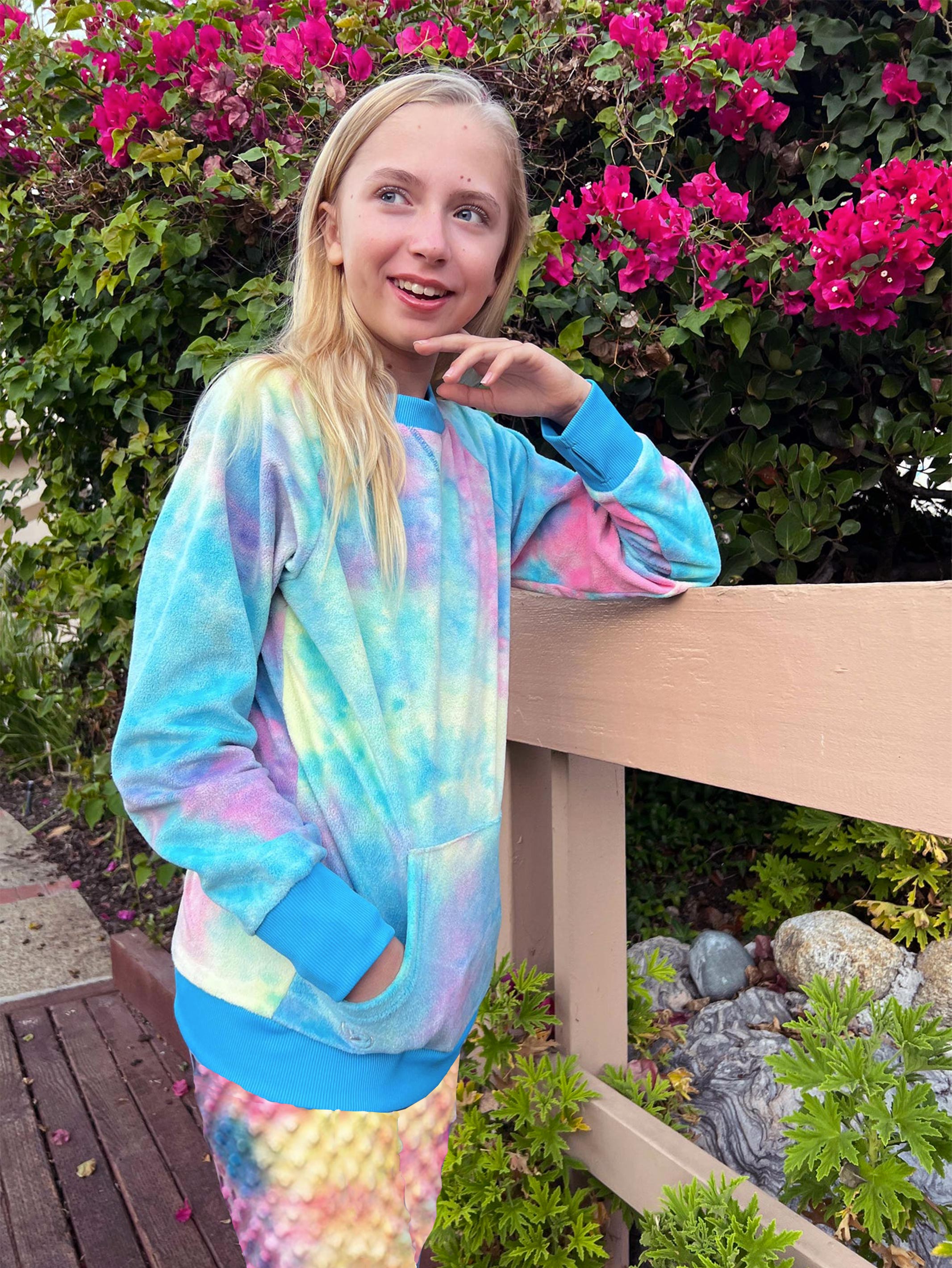 Cozy Crewneck and Joggers Gift Set in cotton candy tie dye, featuring ultra-soft minky fabric and stylish design.