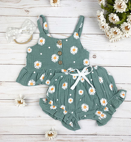 Daisy 2 pc linen set featuring a vintage green tank top with ruffles and matching bloomer shorts with daisy print.