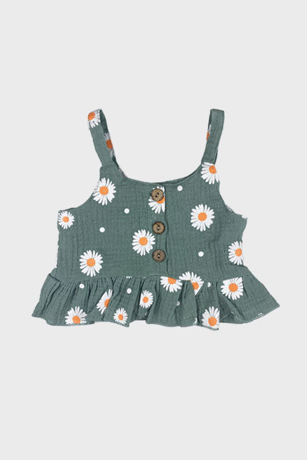 Daisy 2 pc linen set featuring a vintage green tank top with ruffles and matching bloomer shorts with daisy print.