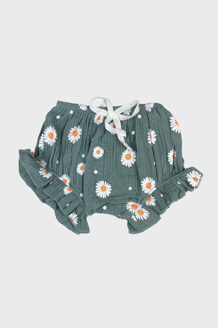 Daisy 2 pc linen set featuring a vintage green tank top with ruffles and matching bloomer shorts with daisy print.